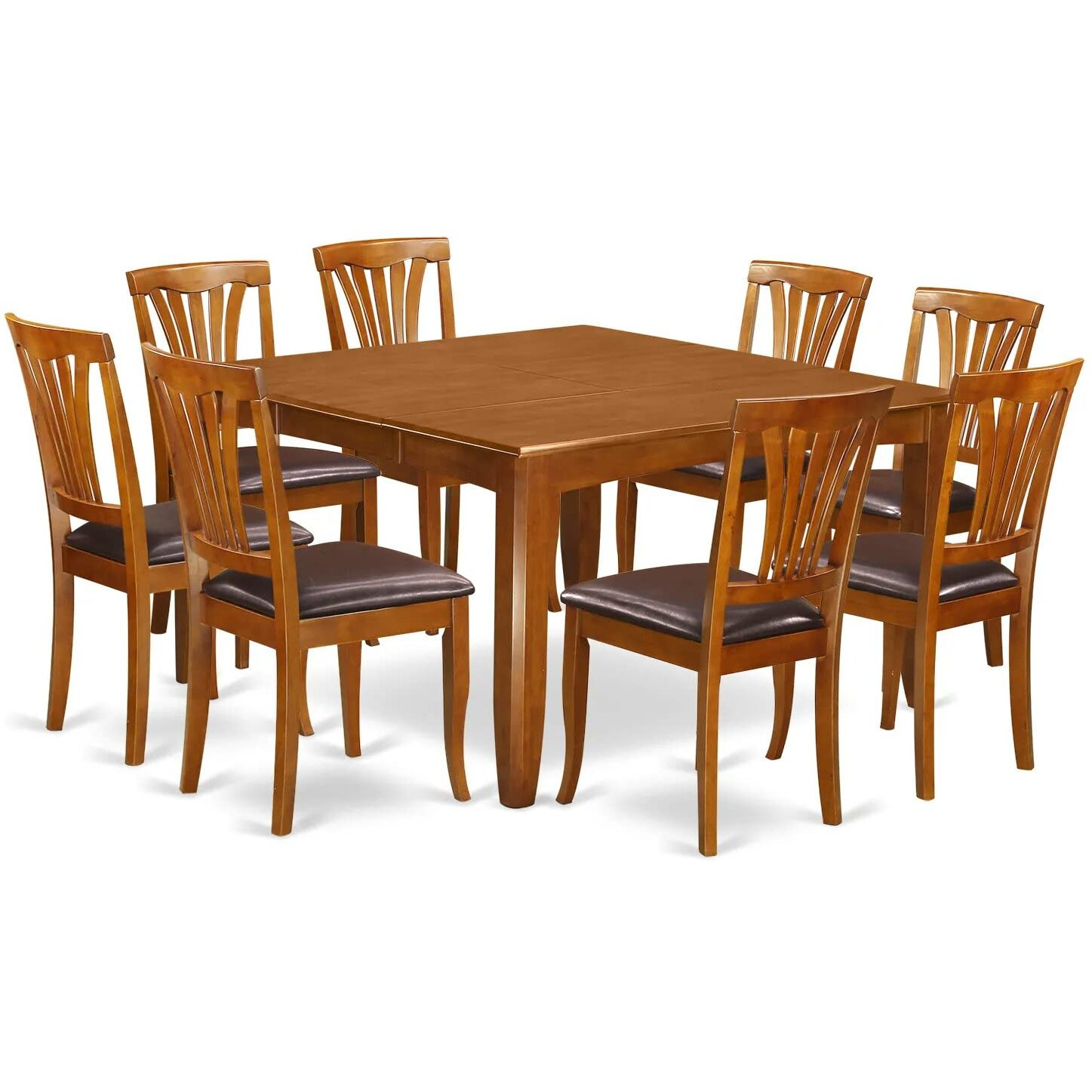 East West Furniture Pfav9-Sbr-Lc 9 Piece Dining Table Set Includes A Square Wooden Table With Butterfly Leaf And 8 Faux Leather Dining Room Chairs  54X54 Inch  Saddle Brown