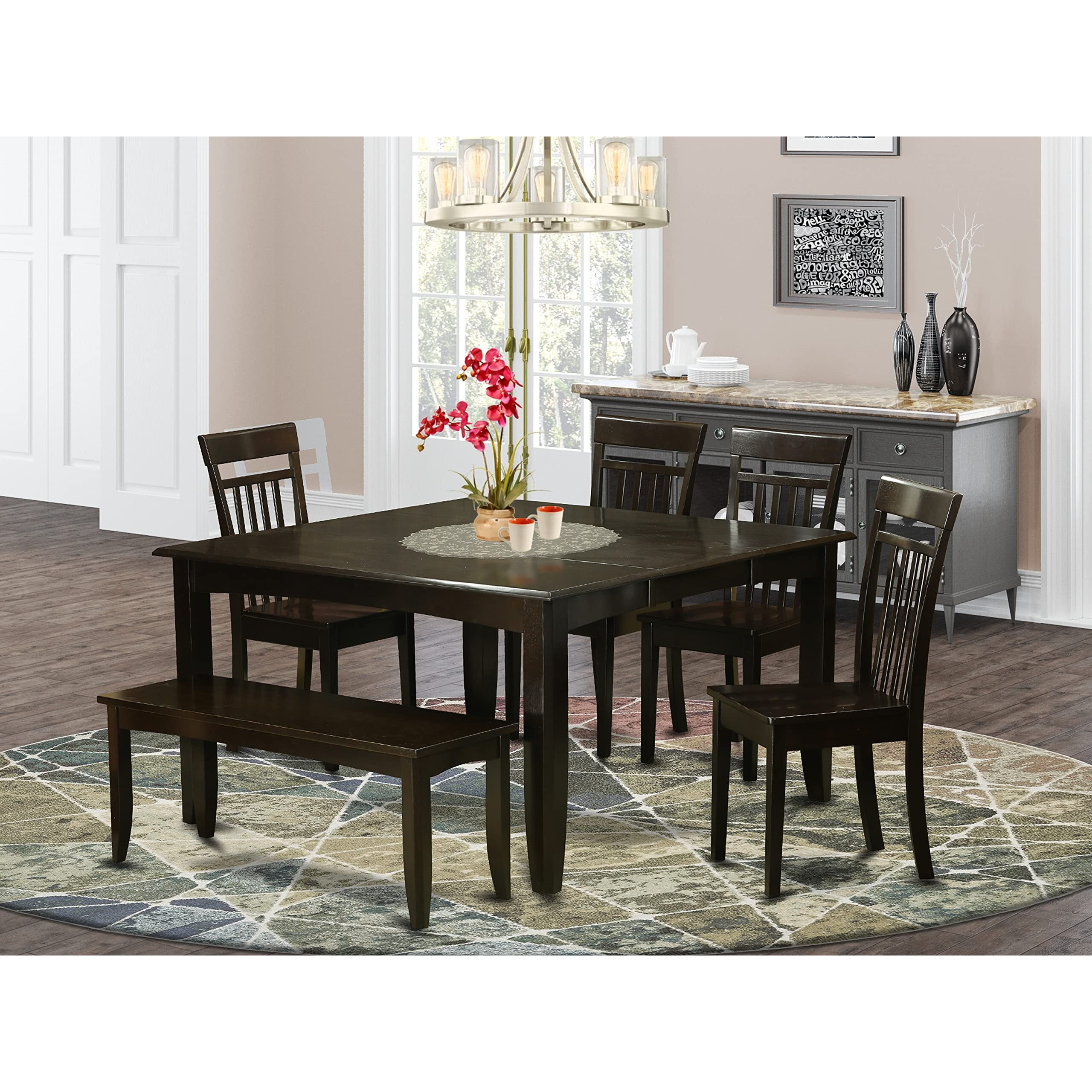 East West Furniture Pfca6-Cap-W 6 Piece Kitchen Table Set Contains A Square Dining Table With Butterfly Leaf And 4 Dining Chairs With A Bench  54X54 Inch  Cappuccino