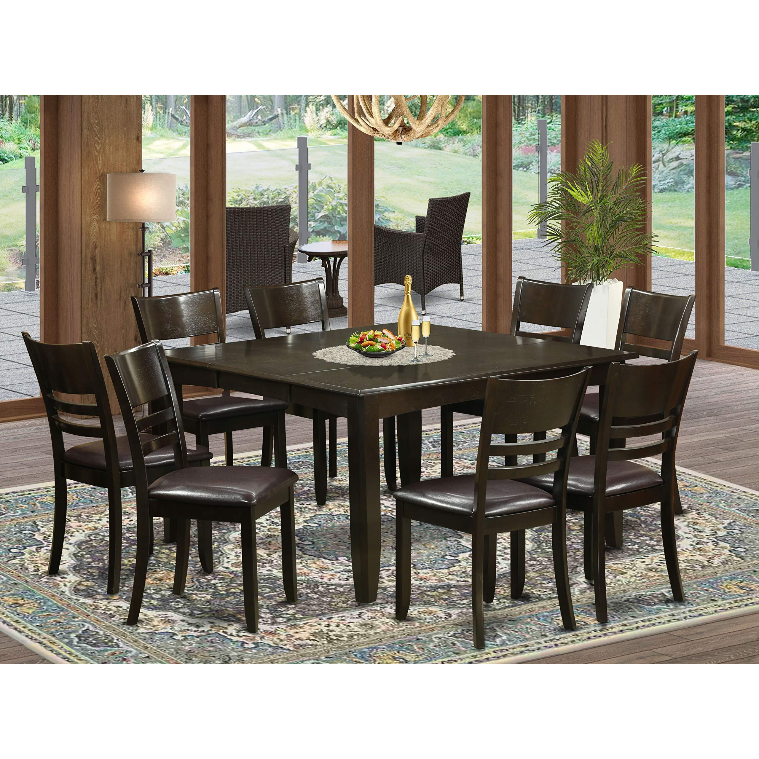 East West Furniture Pfly9-Cap-Lc 9 Piece Dining Set Includes A Square Dining Room Table With Butterfly Leaf And 8 Faux Leather Upholstered Kitchen Chairs  54X54 Inch  Cappuccino