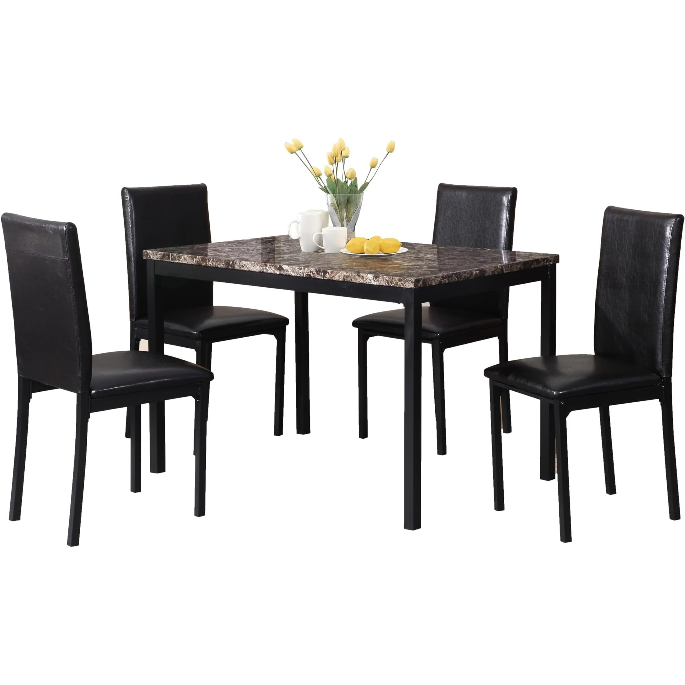 Roundhill Furniture 5 Piece Citico Metal Dinette Set With Laminated Faux Marble Top - Black