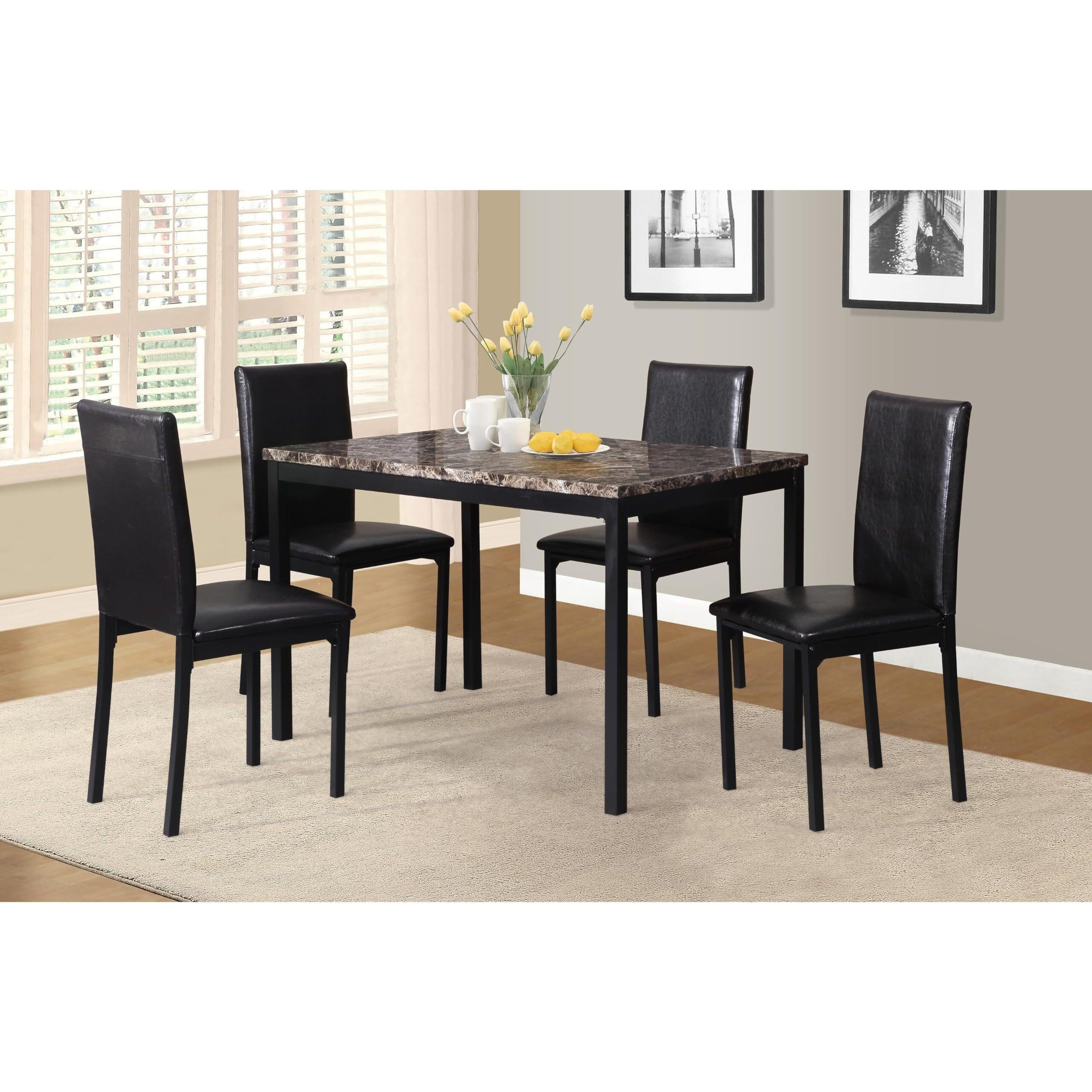 Roundhill Furniture 5 Piece Citico Metal Dinette Set With Laminated Faux Marble Top - Black