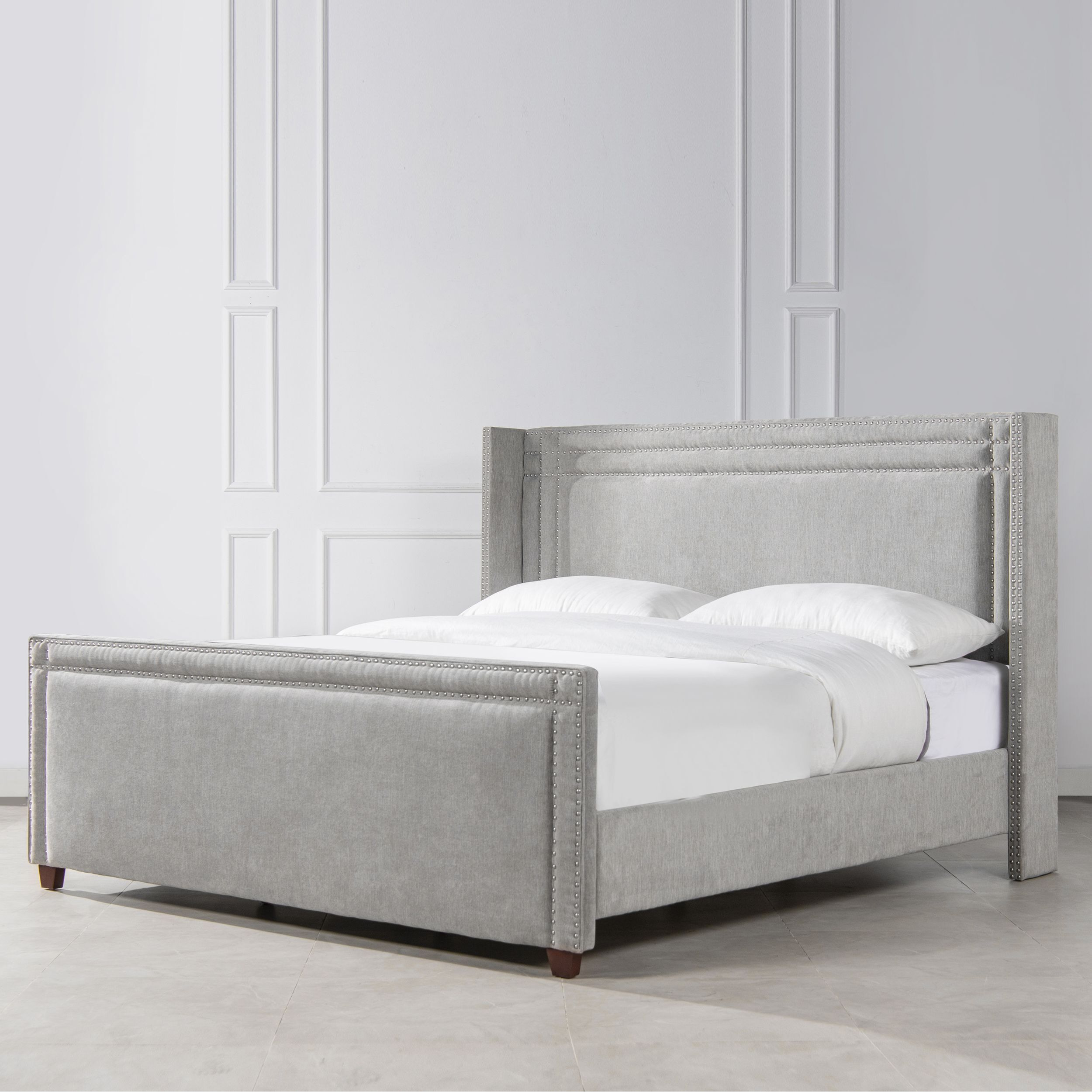 Elle Wingback Upholstered King Bed  Silver Grey Polyester