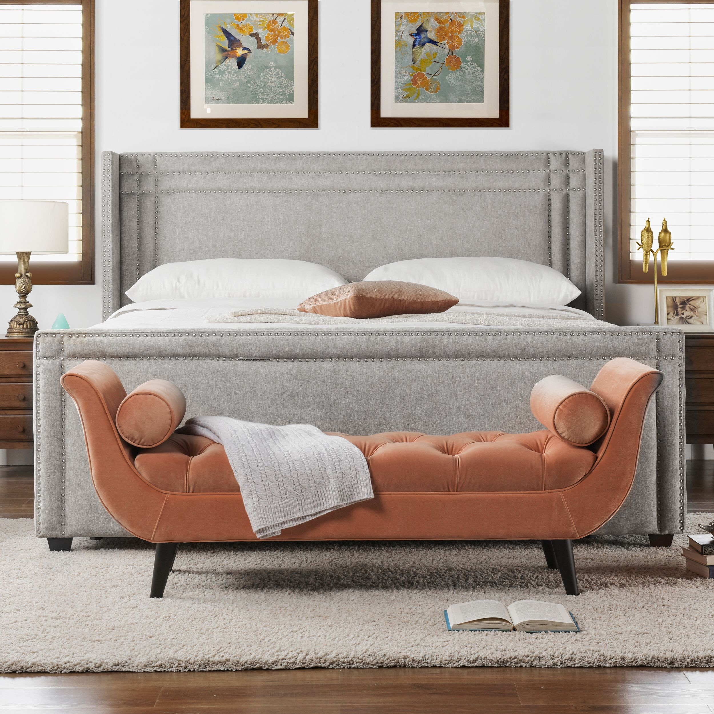 Elle Wingback Upholstered King Bed  Silver Grey Polyester