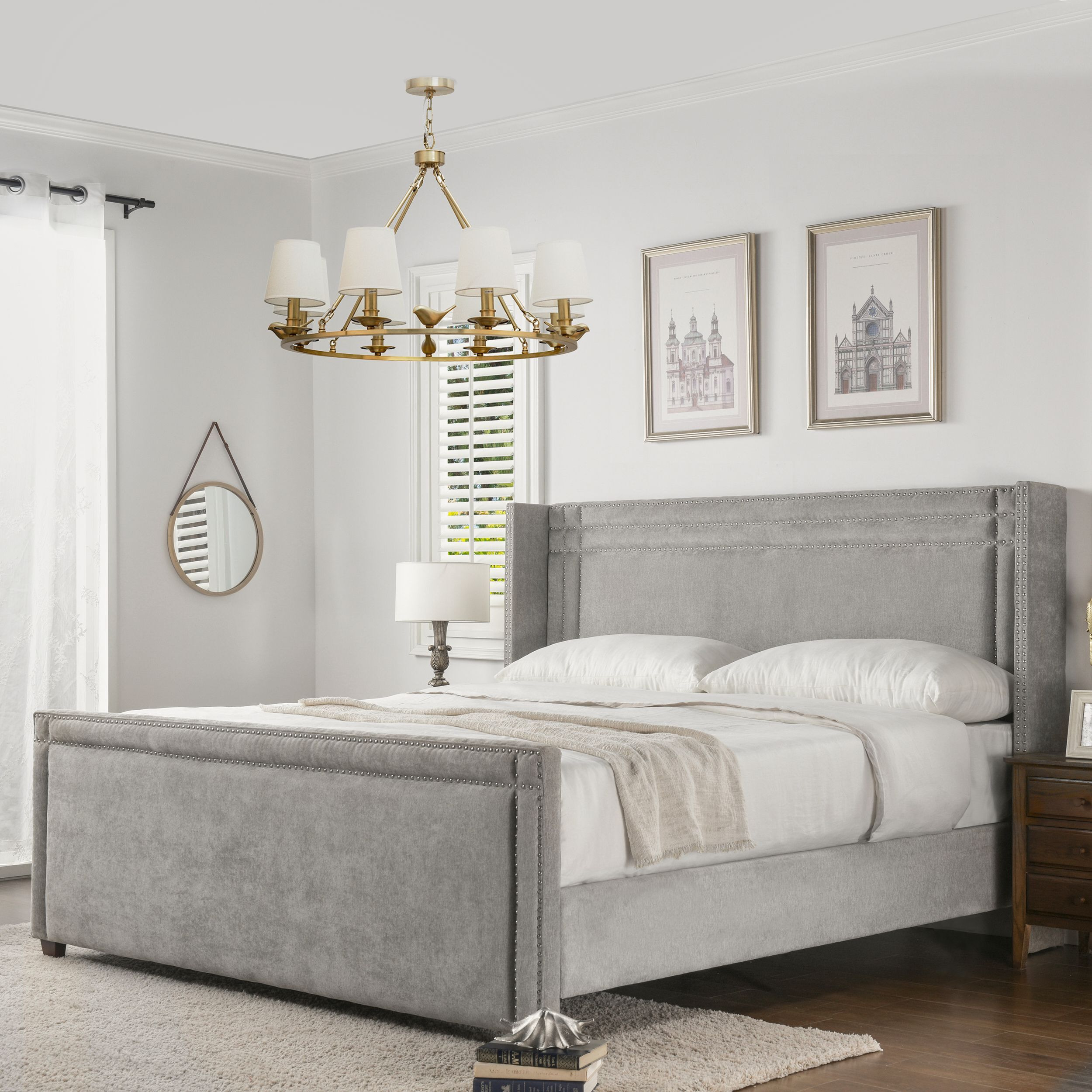 Elle Wingback Upholstered King Bed  Silver Grey Polyester