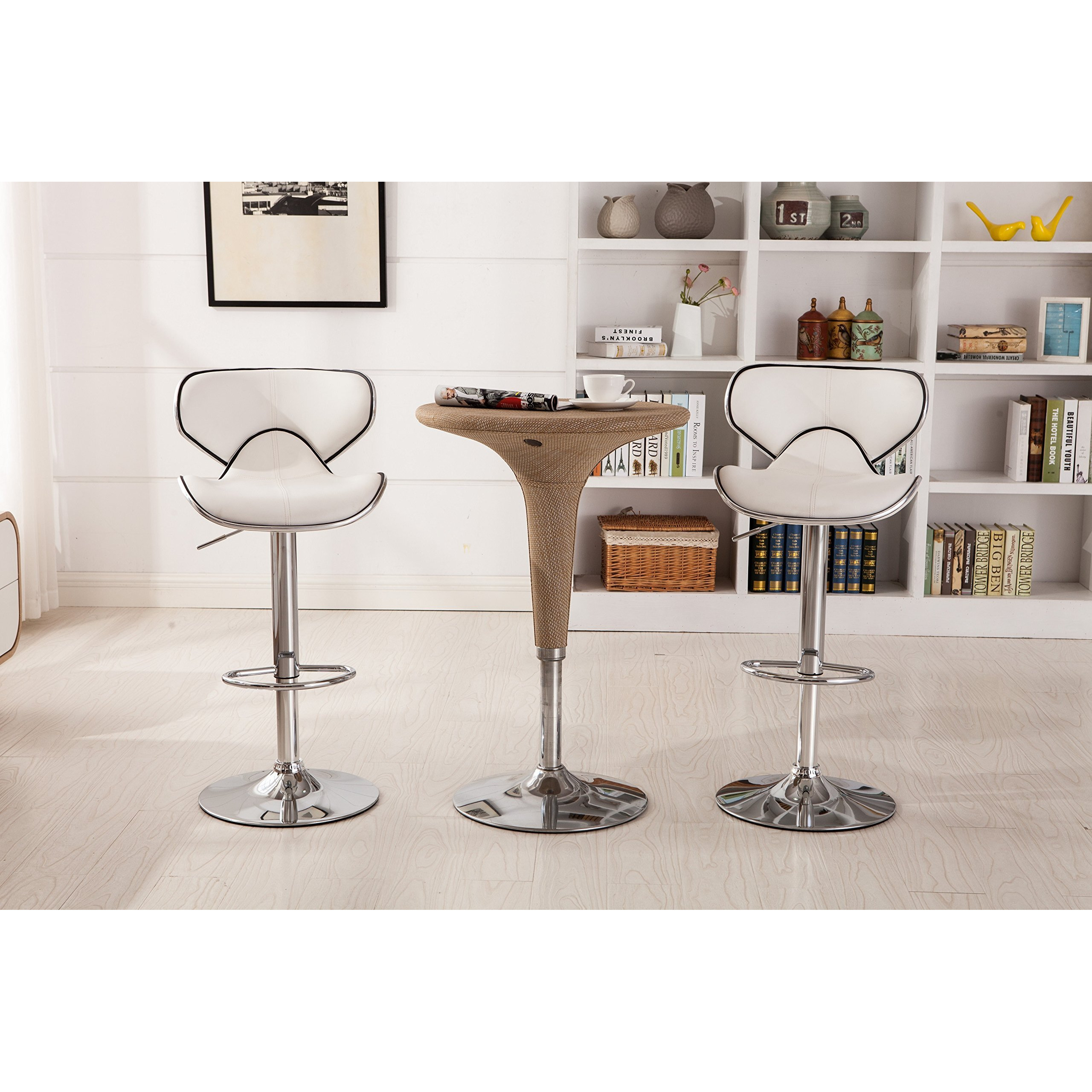 Roundhill Furniture Masaccio Cushioned Leatherette Upholstery Airlift Adjustable Swivel Barstool With Chrome Base  Set Of 2  White