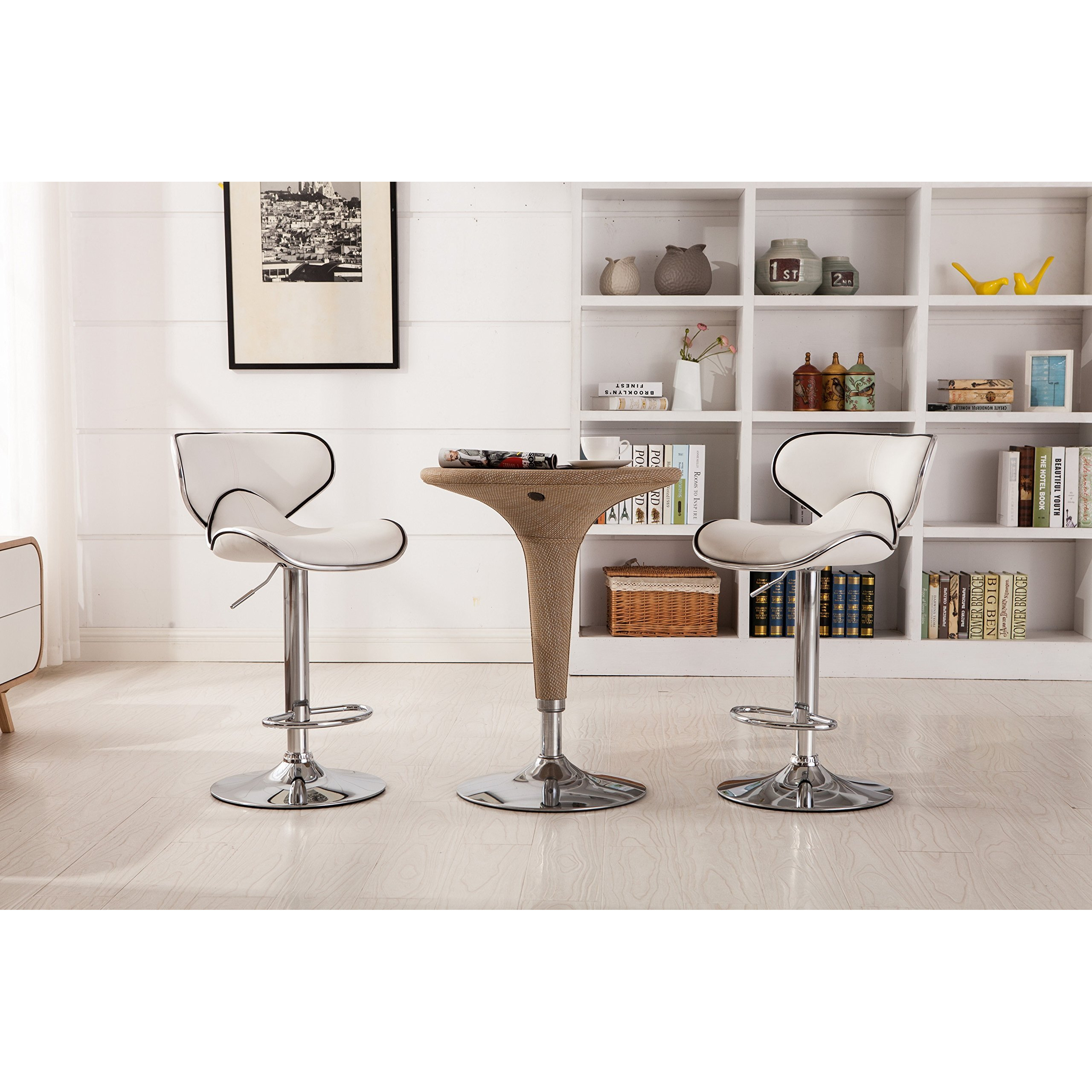 Roundhill Furniture Masaccio Cushioned Leatherette Upholstery Airlift Adjustable Swivel Barstool With Chrome Base  Set Of 2  White