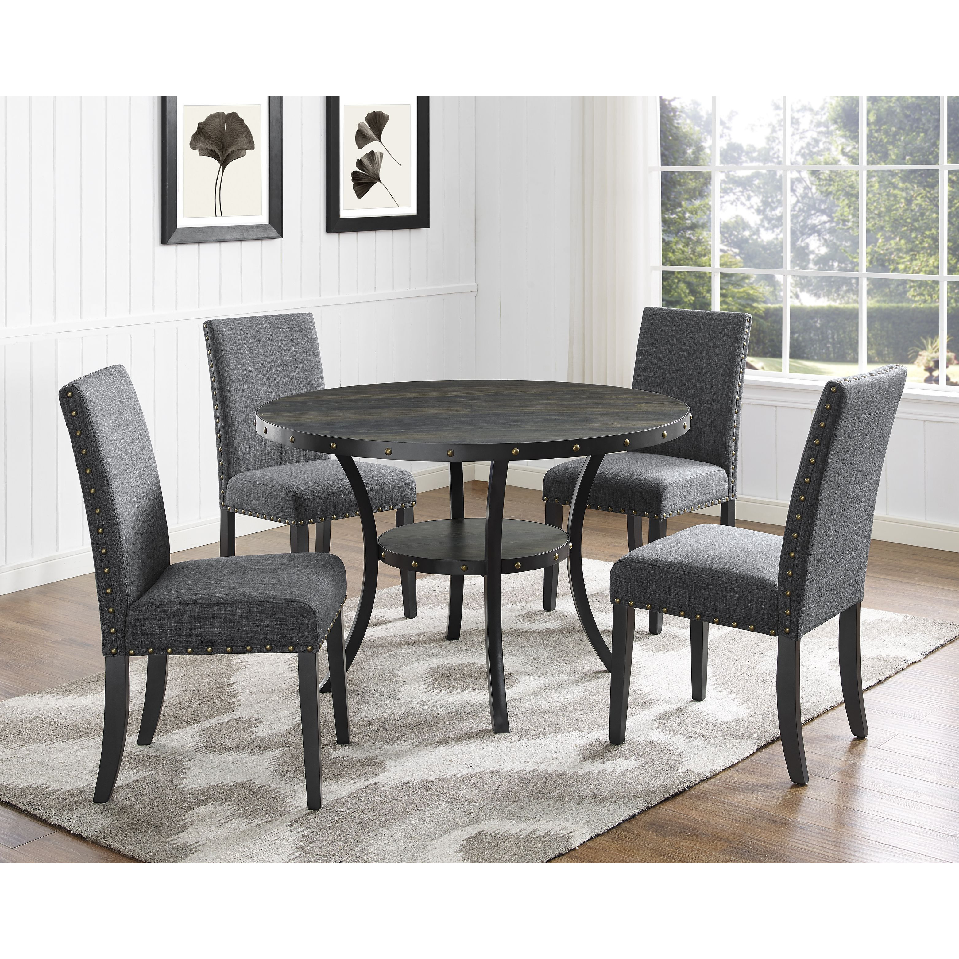 Biony Espresso Wood Dining Set With Gray Fabric Nailhead Chairs