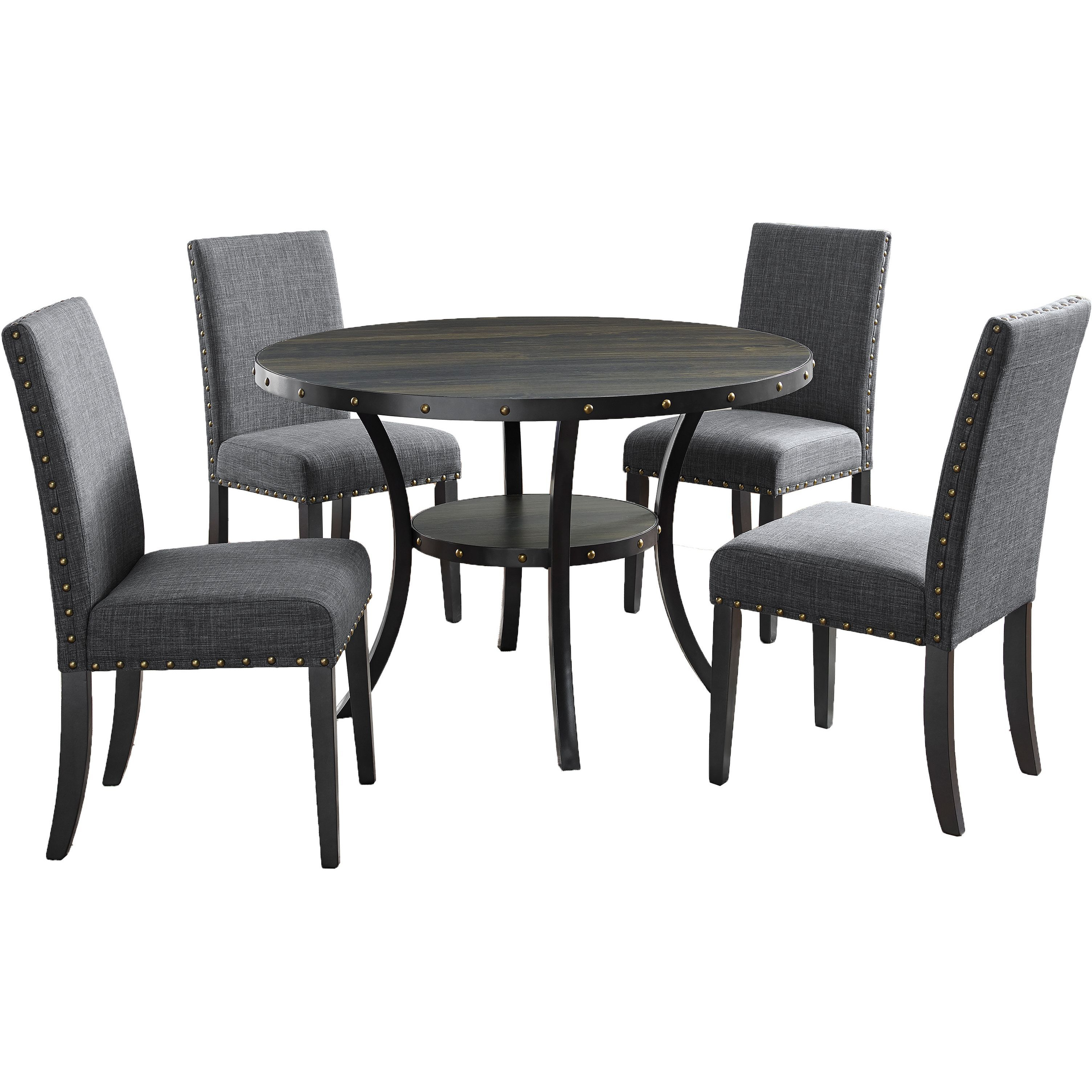 Biony Espresso Wood Dining Set With Gray Fabric Nailhead Chairs