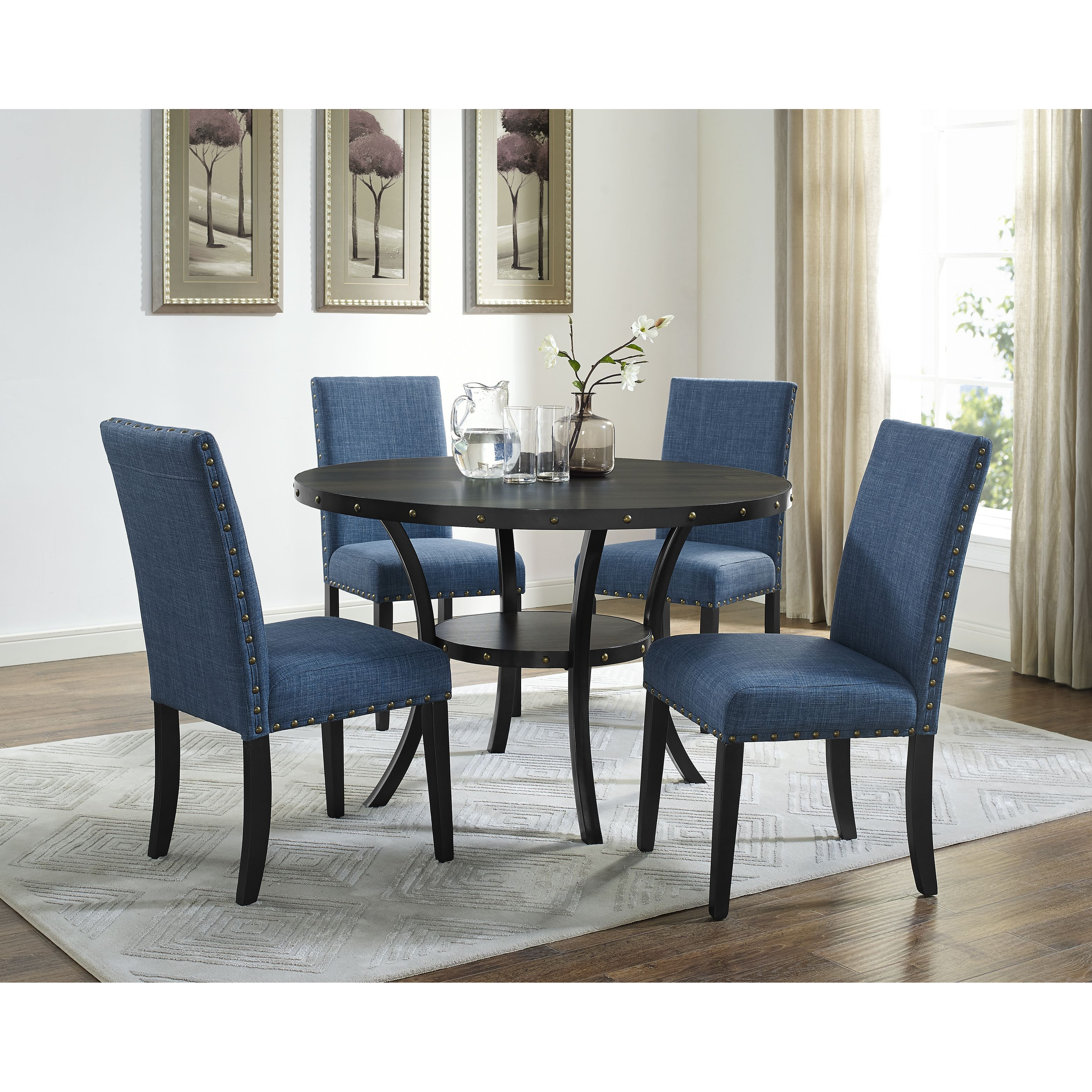 Biony Espresso Wood Dining Set With Blue Fabric Nailhead Chairs