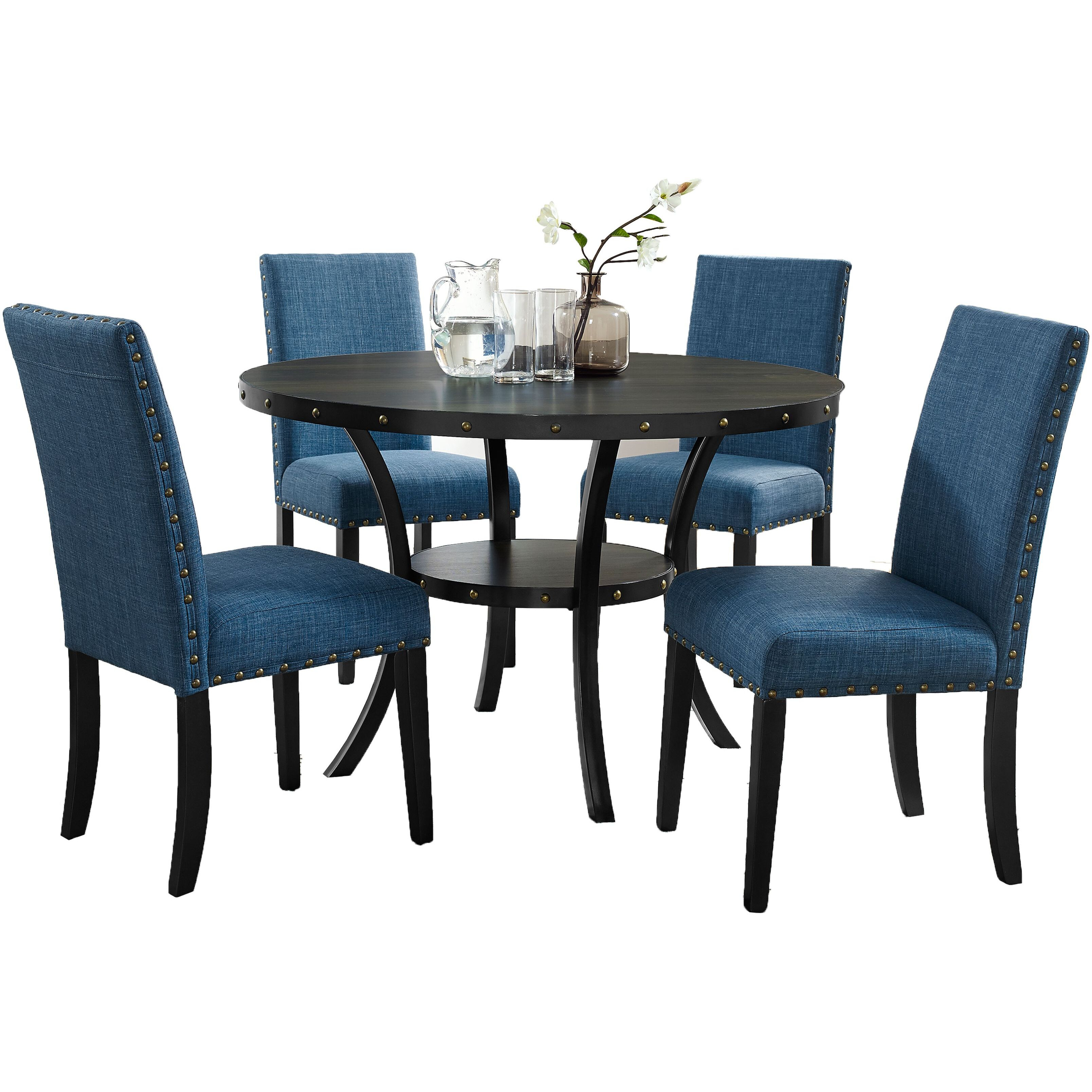 Biony Espresso Wood Dining Set With Blue Fabric Nailhead Chairs