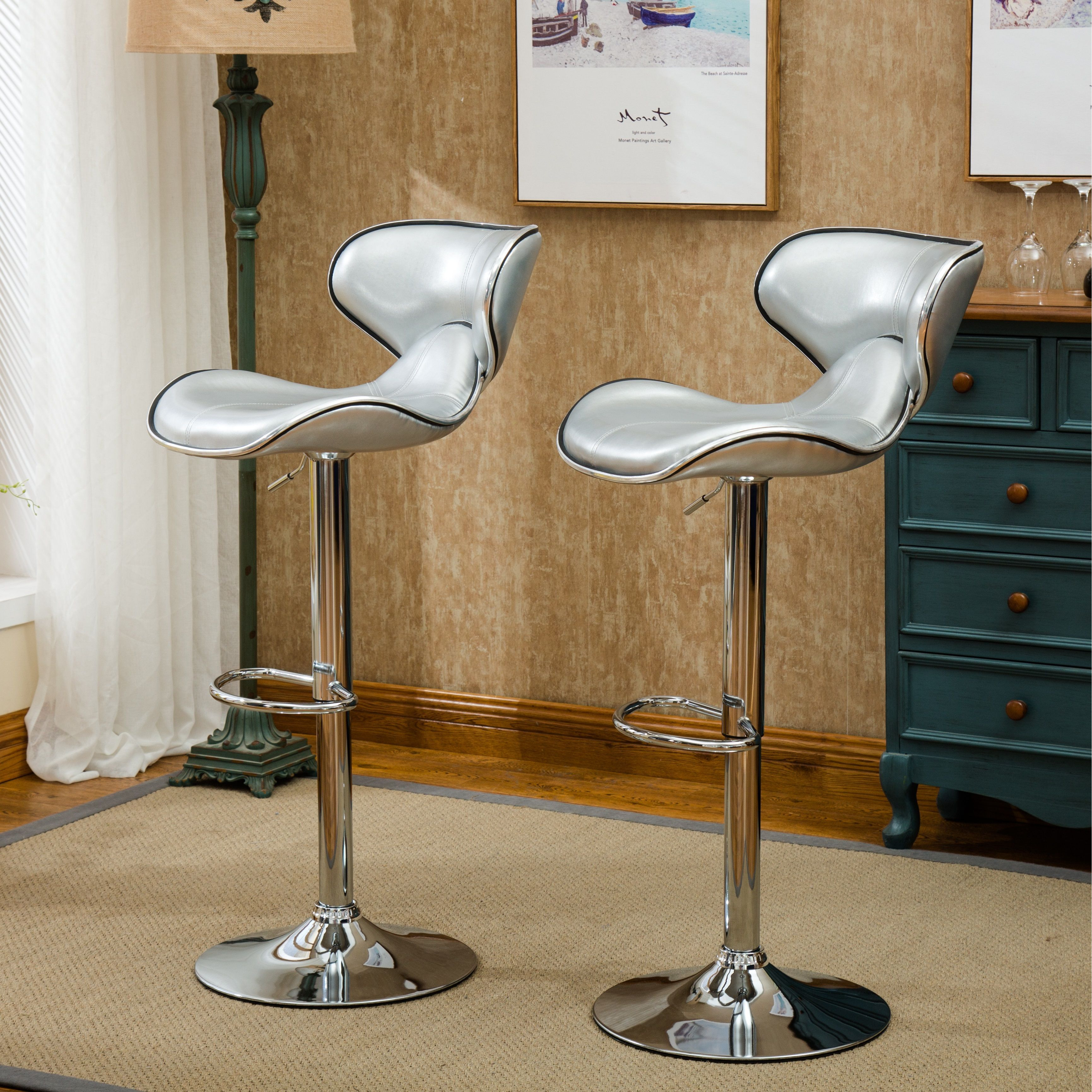 Masaccio Upholstery Airlift Adjustable Swivel Barstool With Chrome Base  Set Of 2  Silver