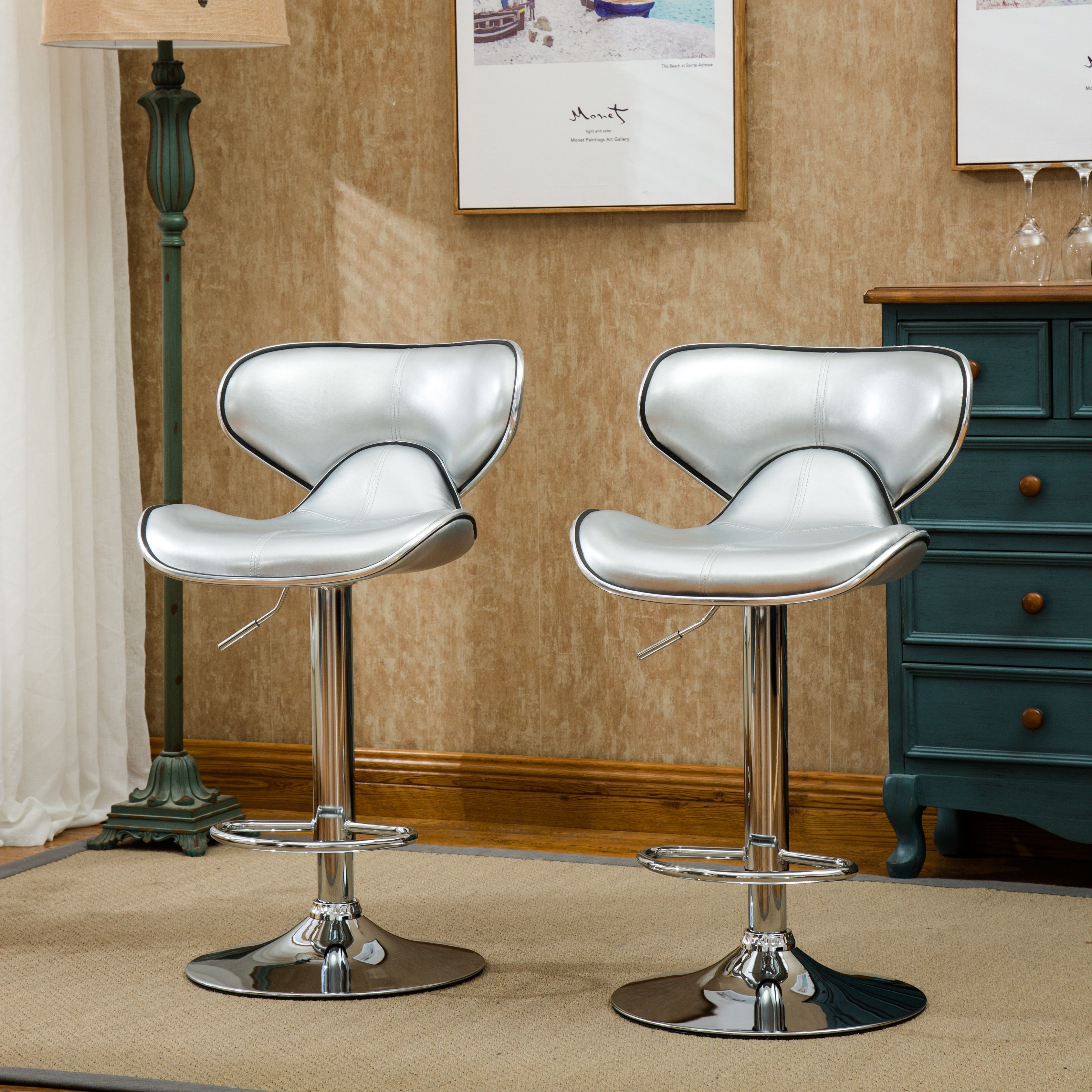 Masaccio Upholstery Airlift Adjustable Swivel Barstool With Chrome Base  Set Of 2  Silver