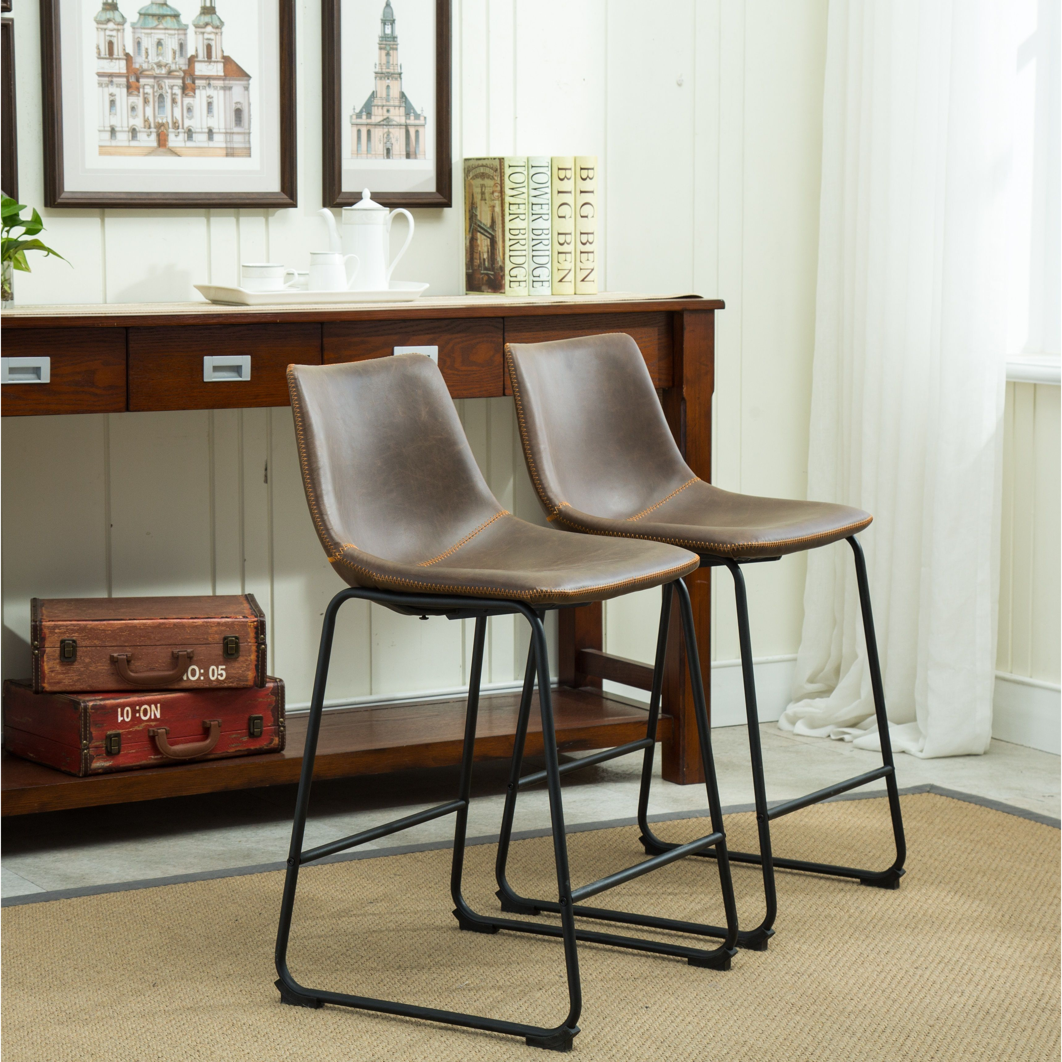 Lotusville Vintage Pu Leather Counter Height Stools  Set Of 2  Antique Brown