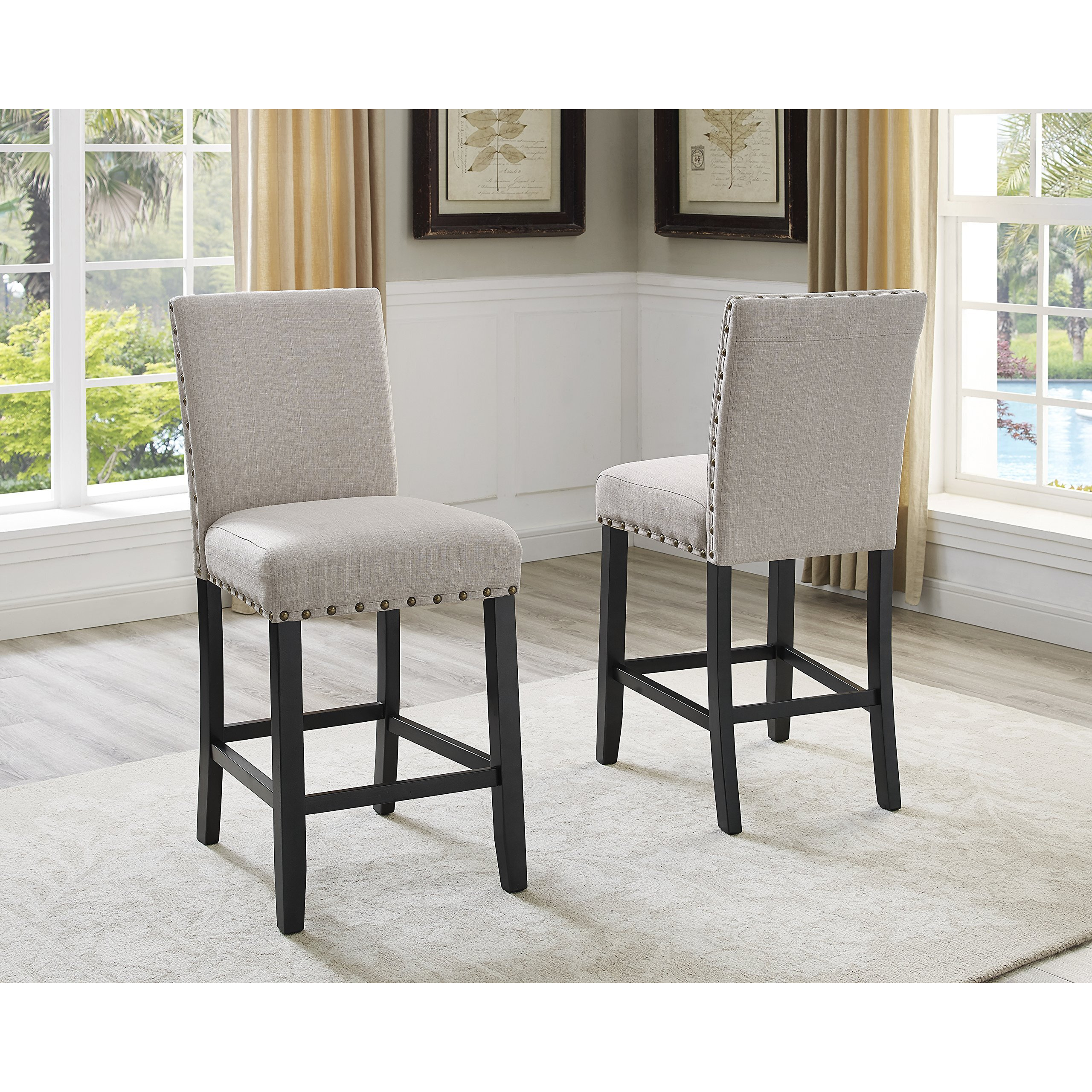 Biony Tan Fabric Counter Height Stools With Nailhead Trim  Set Of 2