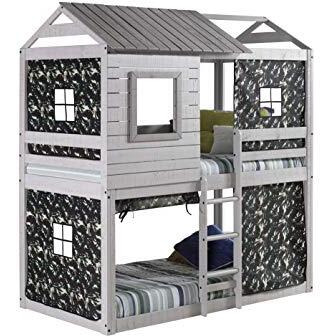 Donco Kids Deer Blind Cabin Twin Over Twin Rustic Grey Bunkbed With Green Camo Tent