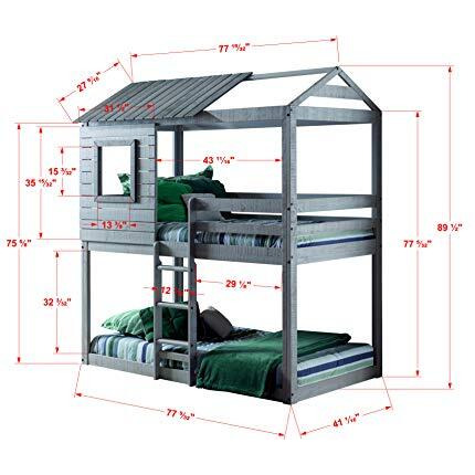 Donco Kids Deer Blind Cabin Twin Over Twin Rustic Grey Bunkbed With Green Camo Tent