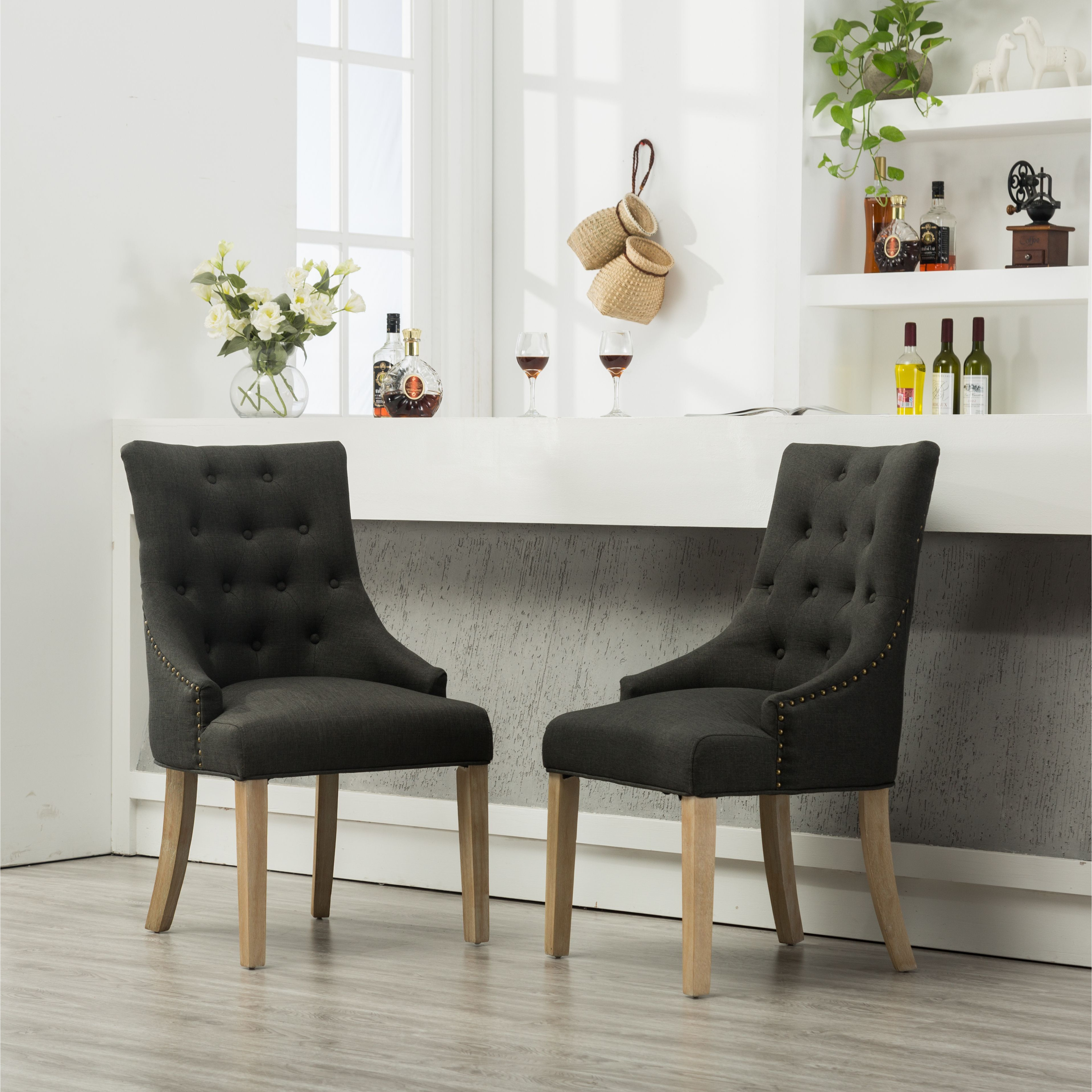 Charcoal Button Tufted Solid Wood Wingback Hostess Chairs With Nail Heads Set Of 2