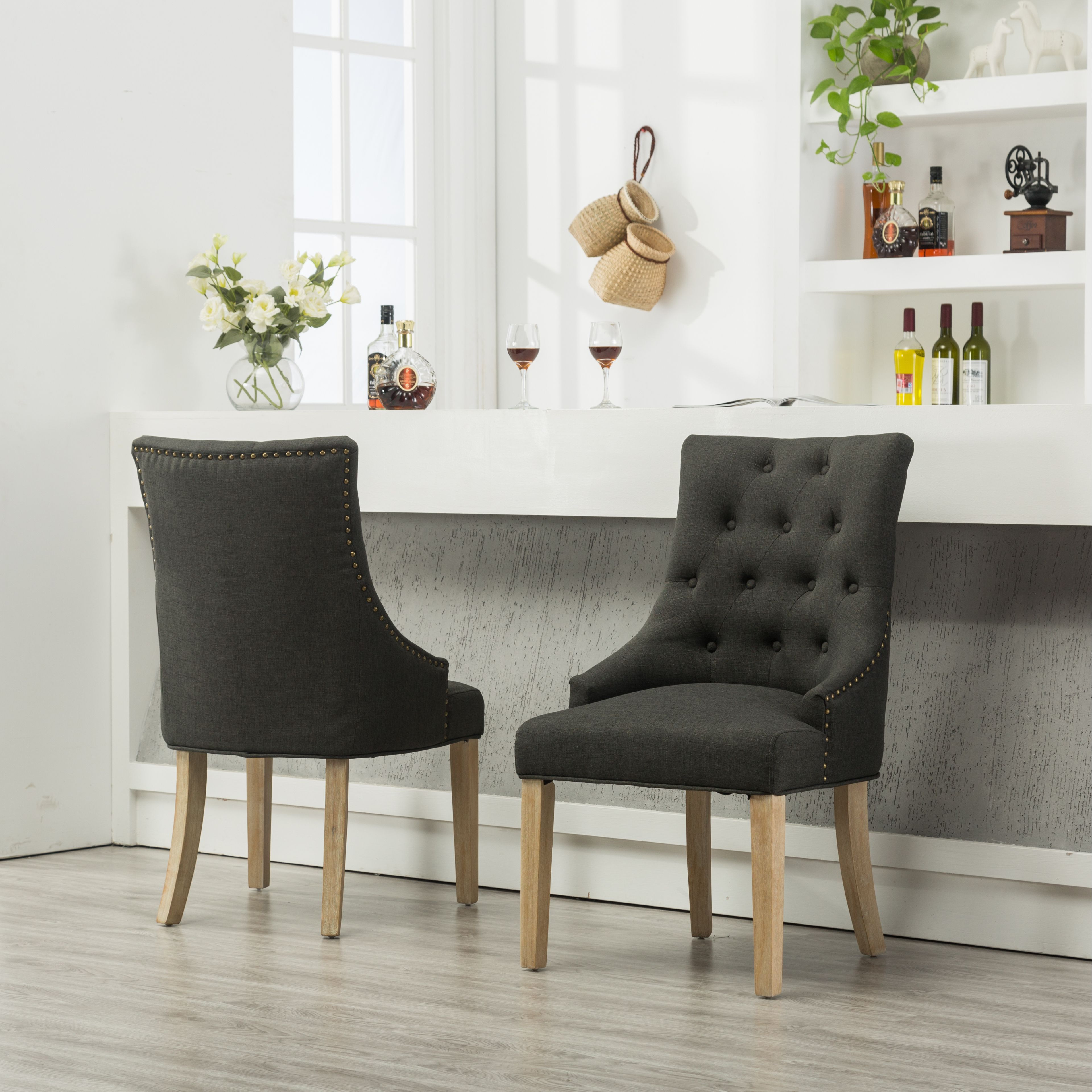 Charcoal Button Tufted Solid Wood Wingback Hostess Chairs With Nail Heads Set Of 2