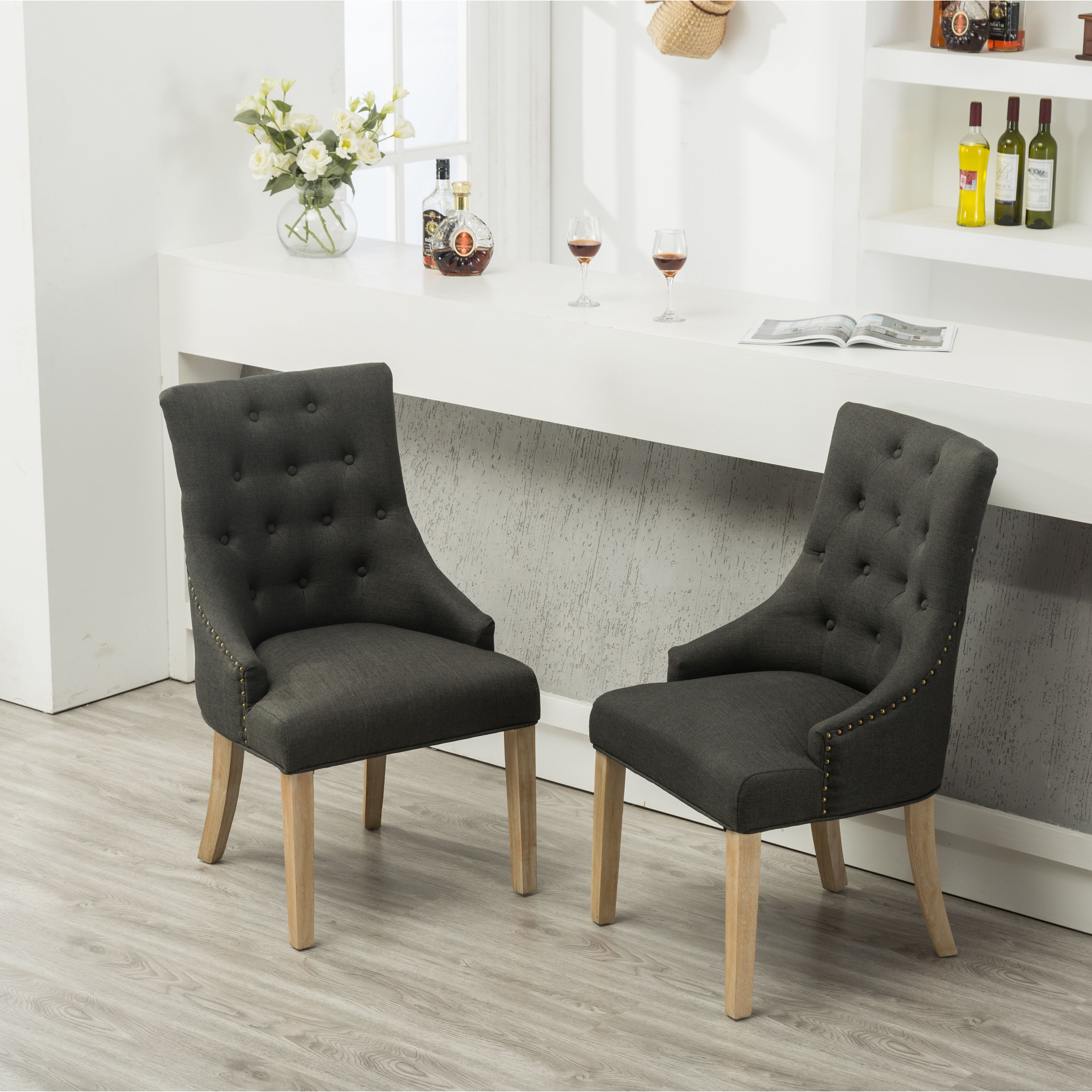 Charcoal Button Tufted Solid Wood Wingback Hostess Chairs With Nail Heads Set Of 2