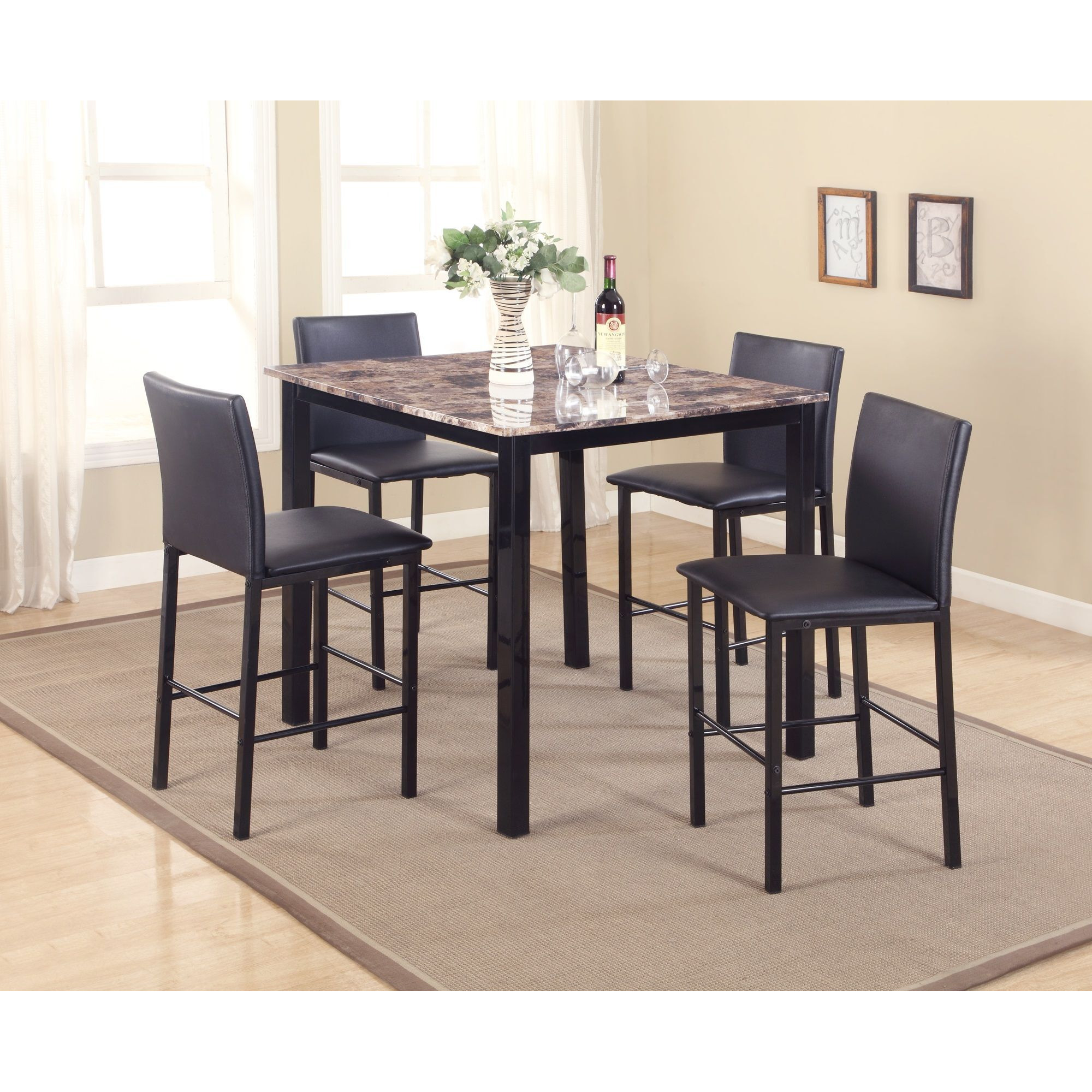 5 Piece Citico Counter Height Metal Dinette Set With Laminated Faux Marble Top  Black