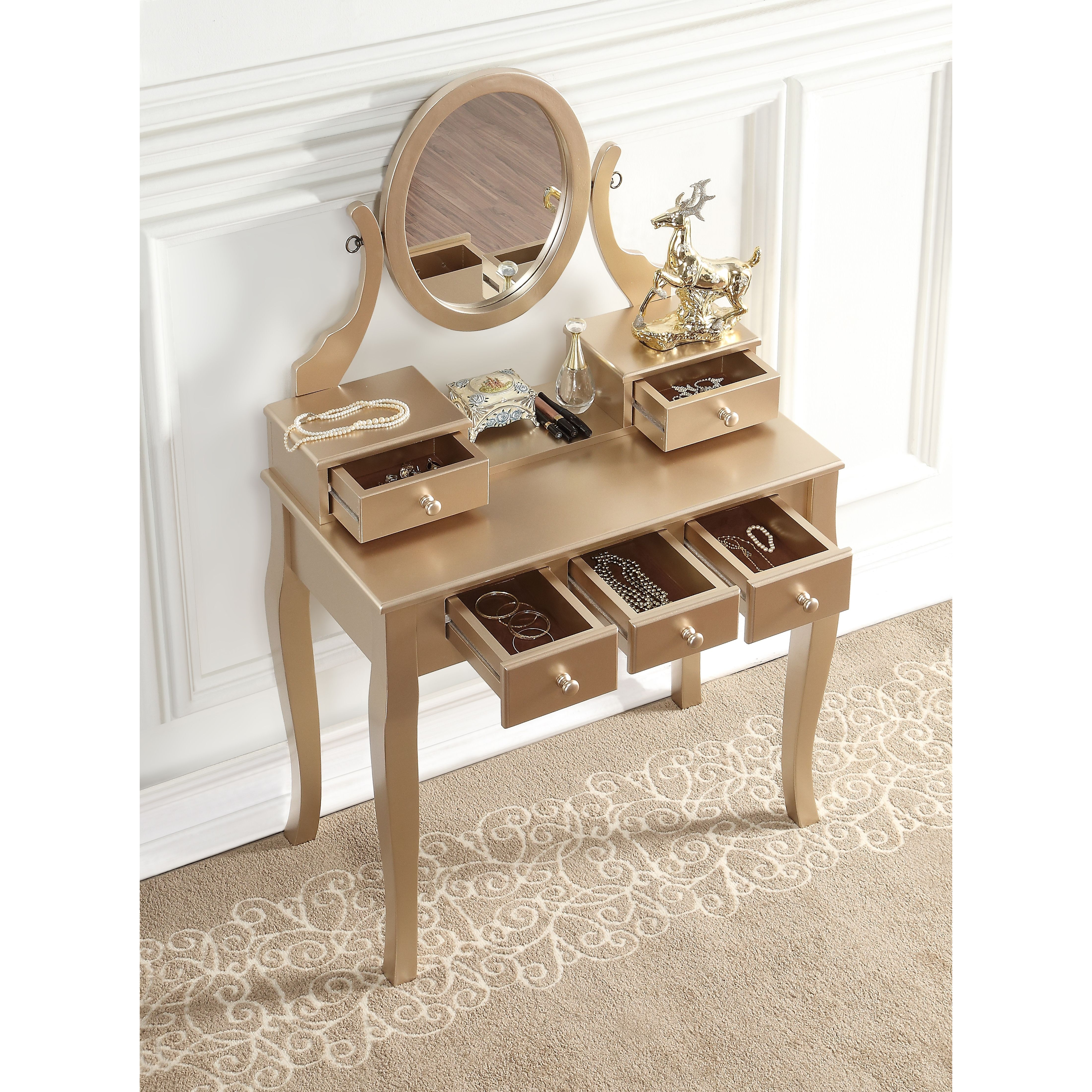 Ashley Wood Make-Up Vanity Table And Stool Set  Ashley Wood Makeup Vanity Table And Stool Set  Gold