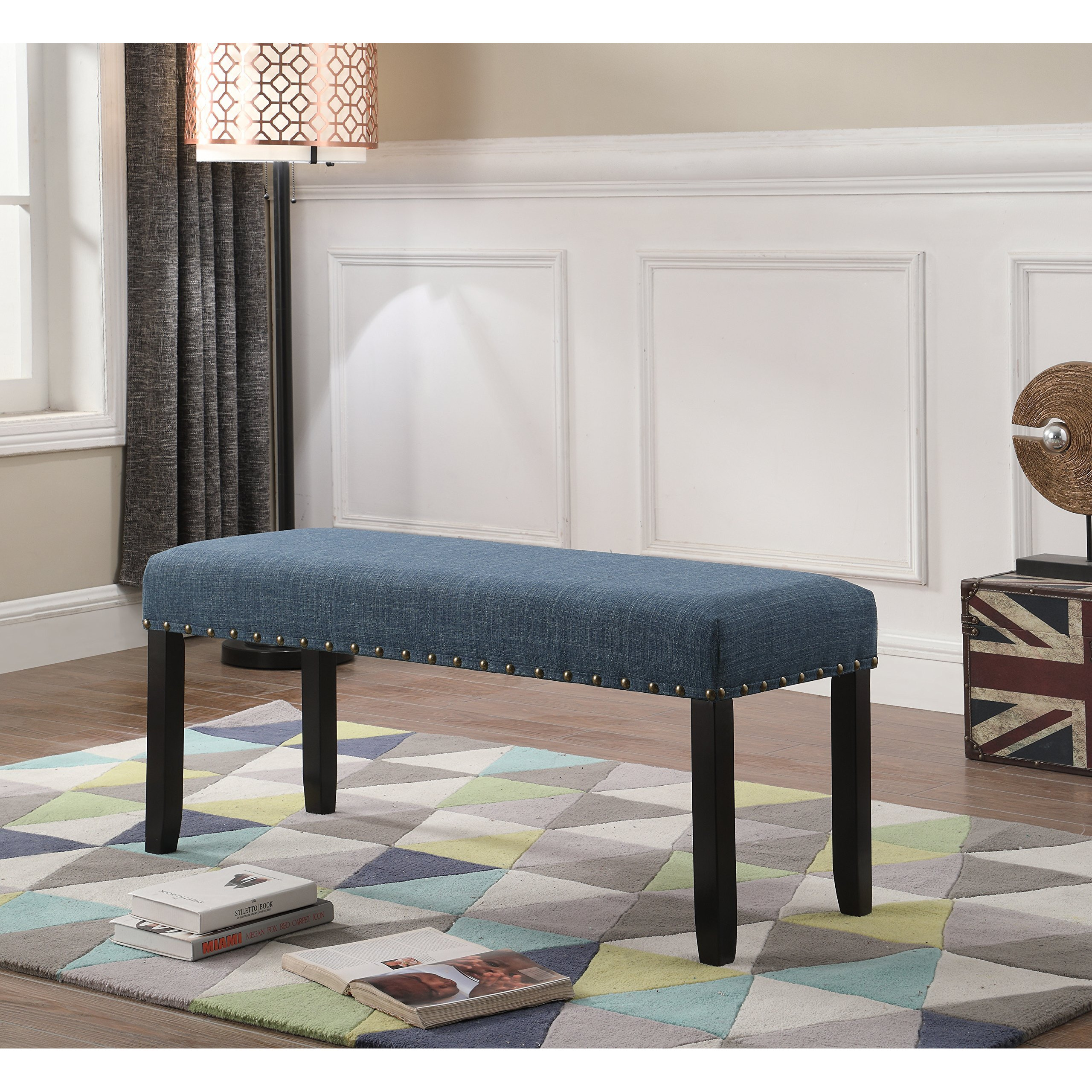 Roundhill Furniture Biony Fabric Dining Bench With Nailhead Trim  Blue