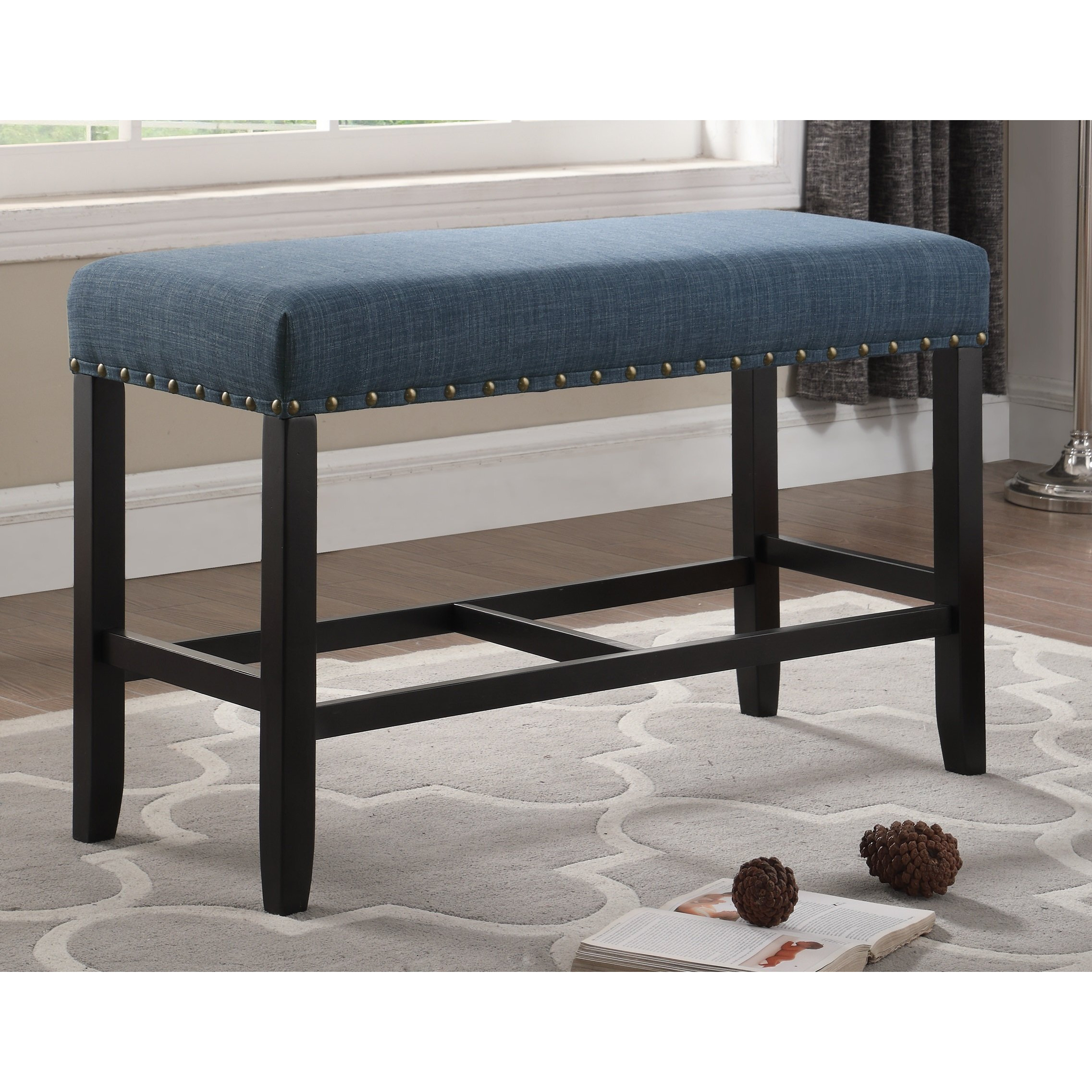 Roundhill Furniture Pb162Bu Biony Fabric Counter Height Dining Bench With Nailhead Trim  Blue