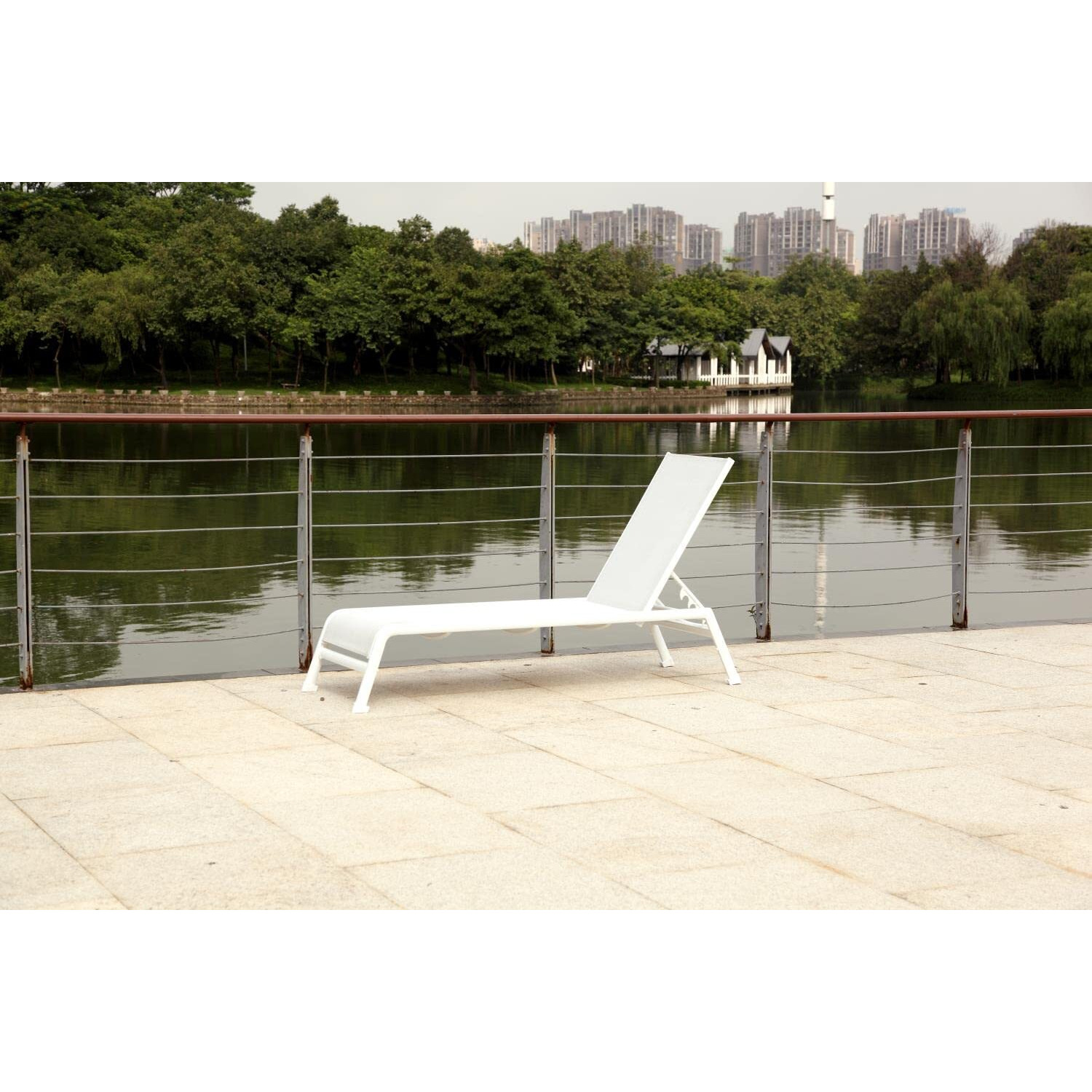 Sunset Indoor / Outdoor Chaise Lounge White Aluminum Base  Powder-Coating Finish  White Textiline Sling With Reinforcement Slats  Without Wheels