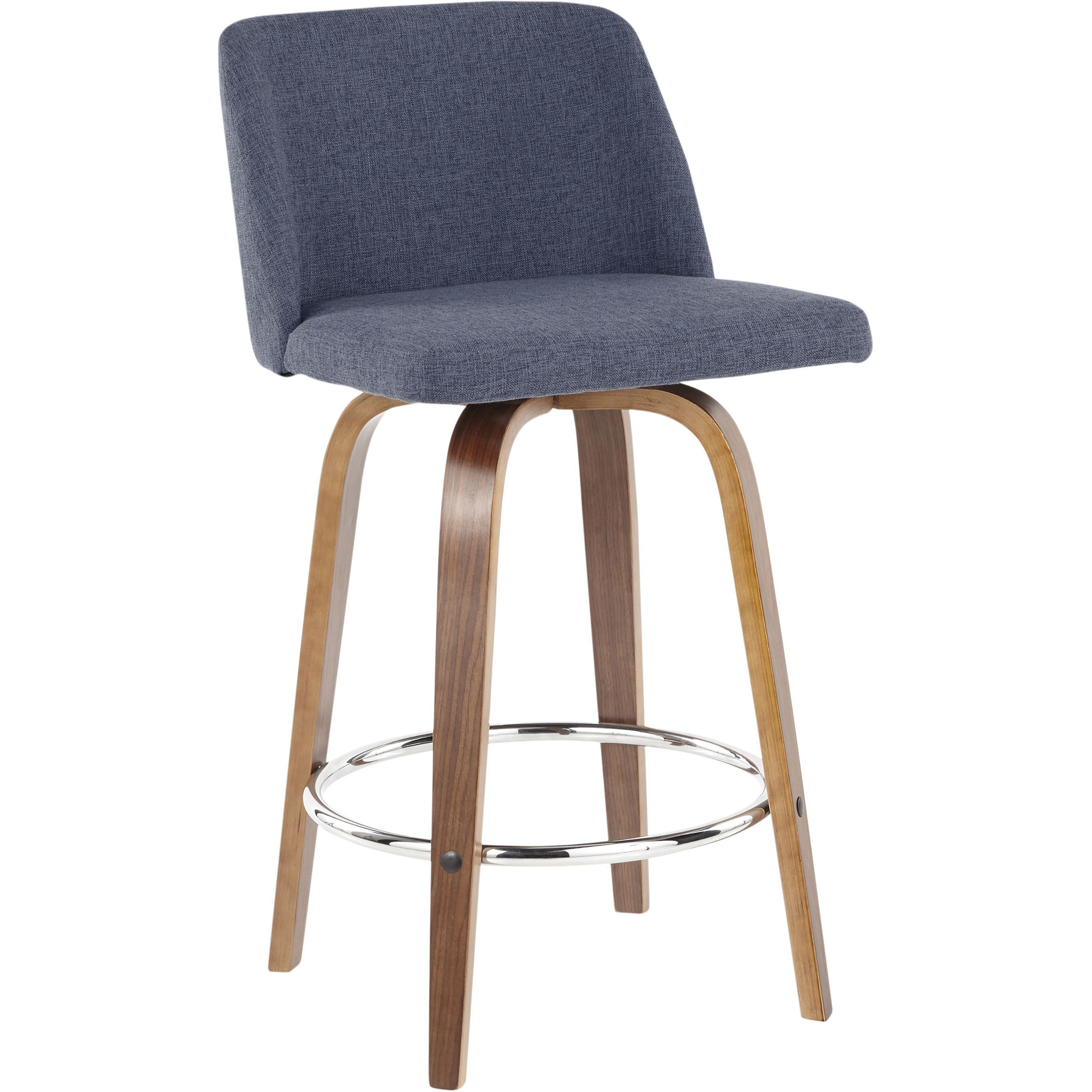 Toriano Mid-Century Modern Counter Stool In Walnut And Blue Fabric By Lumisource - Set Of 2