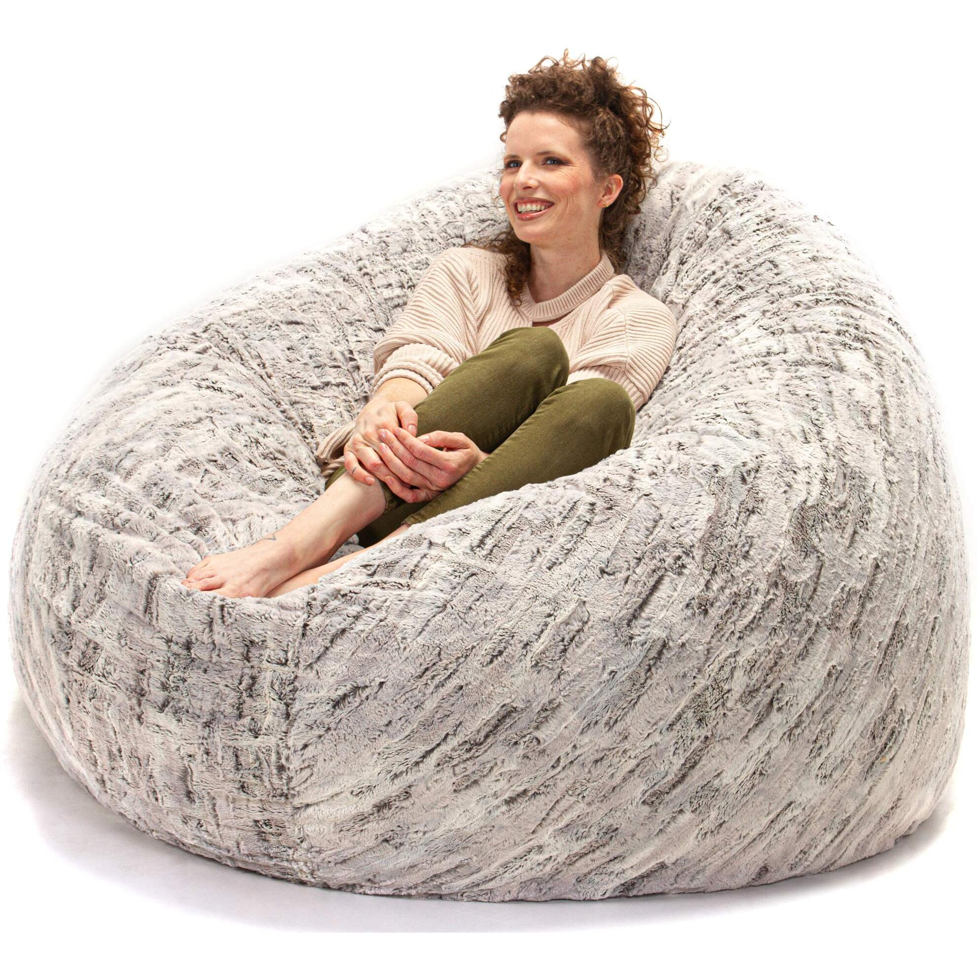 Jaxx 6 Foot Cocoon - Large Bean Bag Chair For Adults  Premium Luxe Faux Fur - Silver Fox