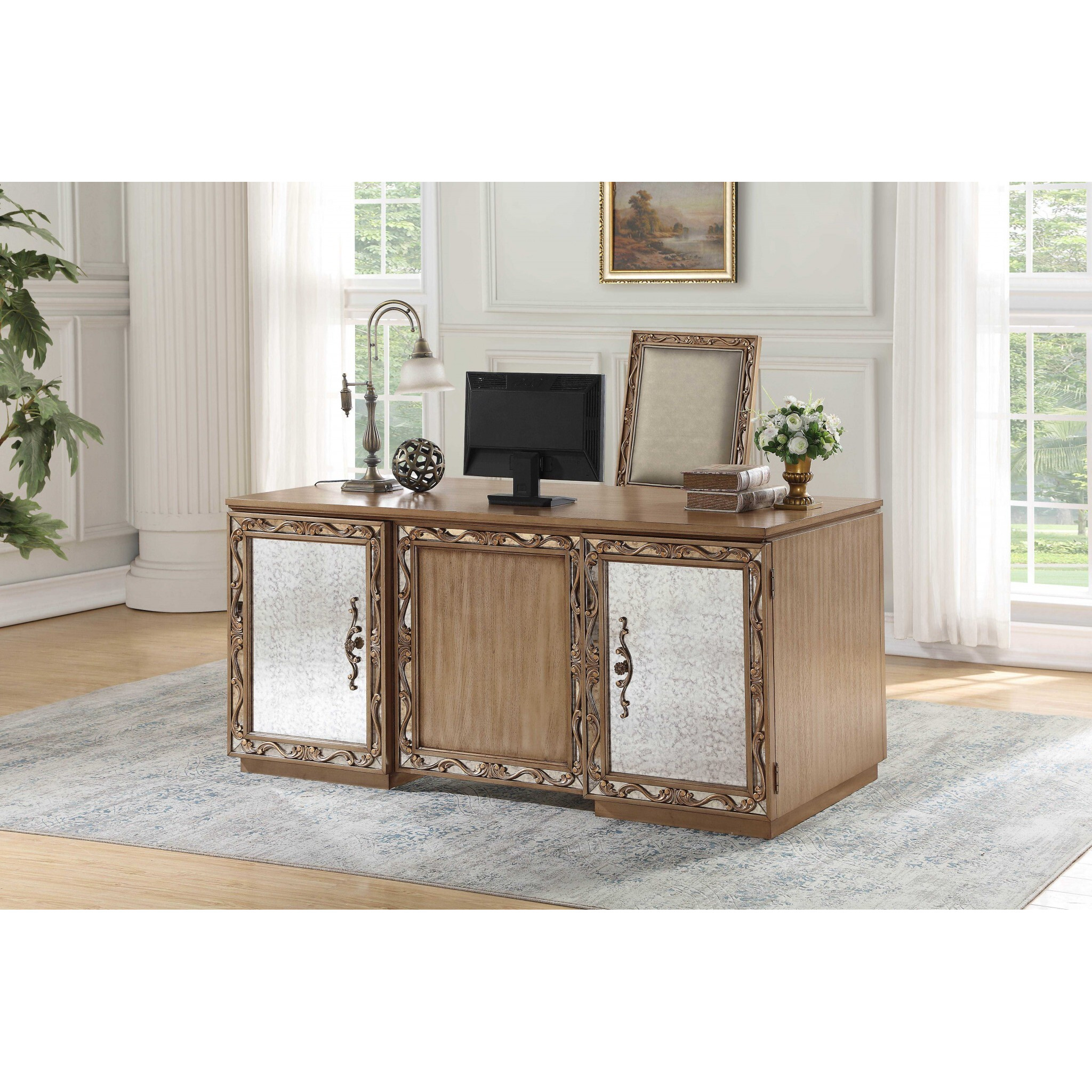 32"" Brown Poplar Wood Mirrored Rectangular Executive Desk