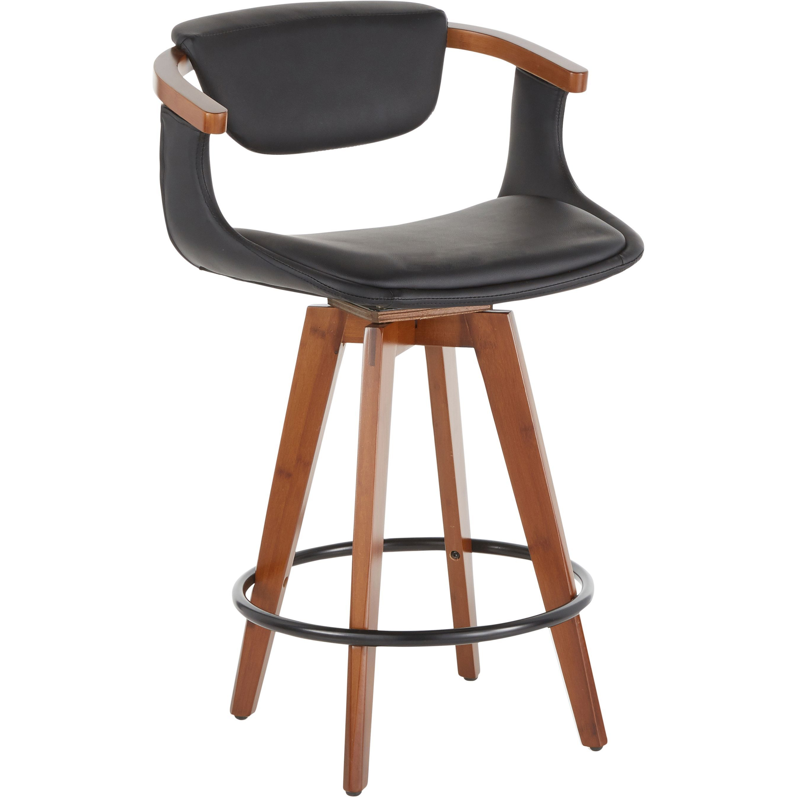 Oracle Mid-Century Modern Counter Stool In Walnut Bamboo And Black Faux Leather By Lumisource