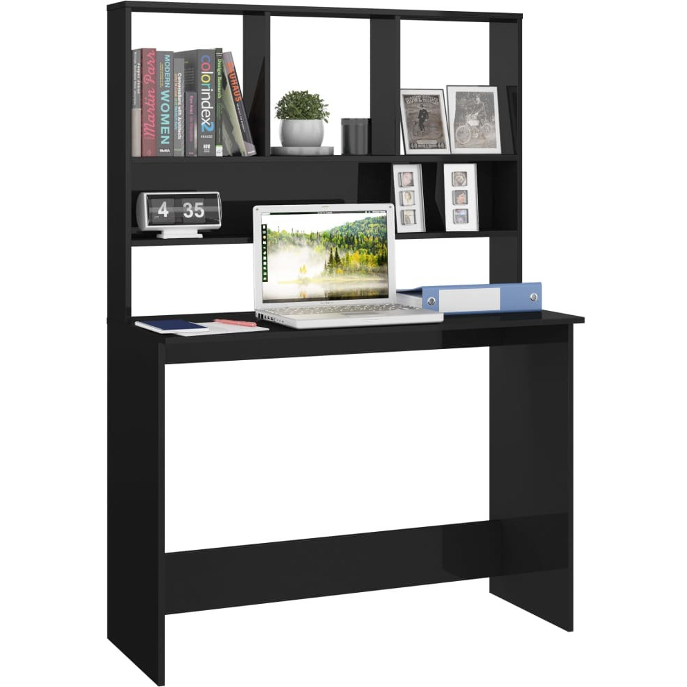 Vidaxl Desk With Shelves High Gloss Black 43.3"" X 17.7"" X 61.8"" Engineered Wood