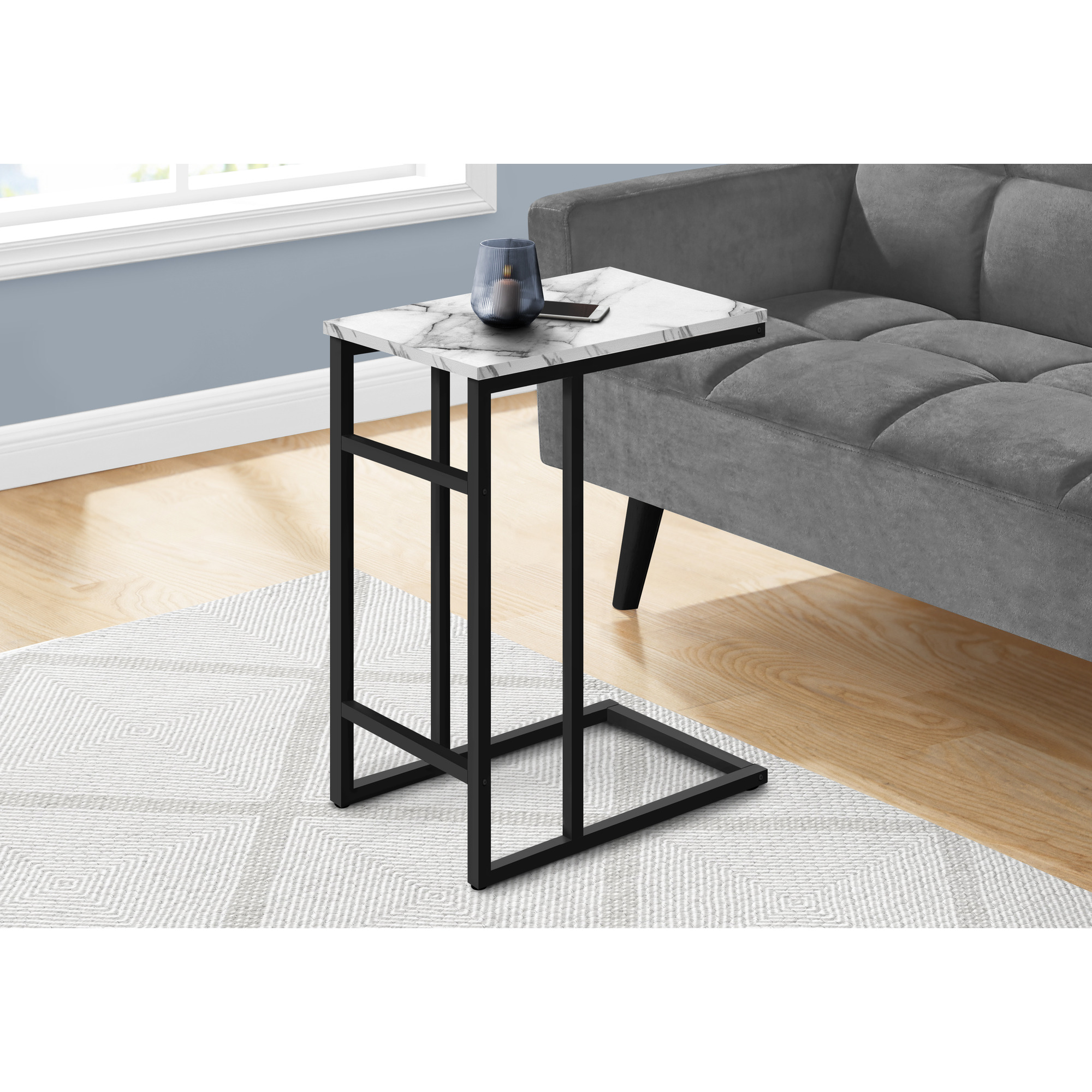 Accent Table  C-Shaped  End  Side  Snack  Living Room  Bedroom  Metal  Laminate  White Marble Look  Black  Contemporary  Modern