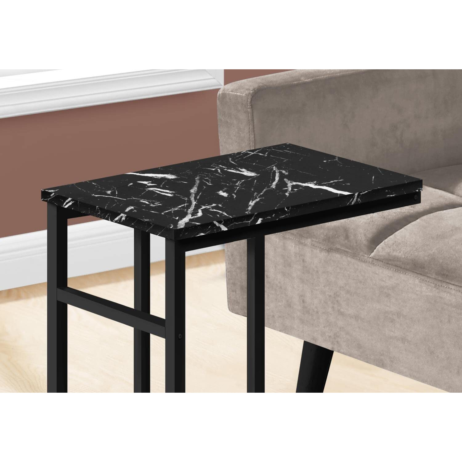 Accent Table  C-Shaped  End  Side  Snack  Living Room  Bedroom  Metal  Laminate  Black Marble Look  Contemporary  Modern