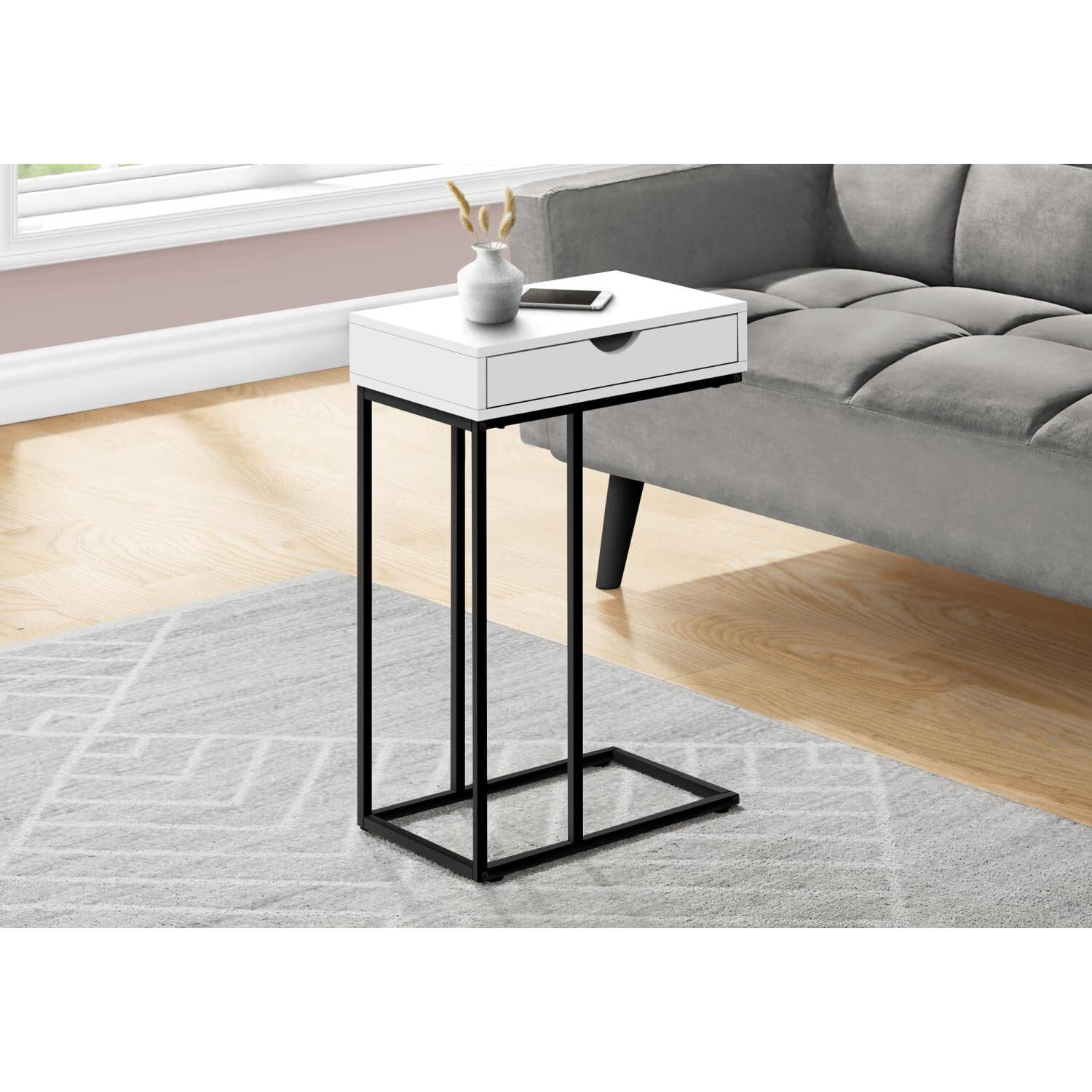 Accent Table  C-Shaped  End  Side  Snack  Storage Drawer  Living Room  Bedroom  Metal  Laminate  White  Black  Contemporary  Modern