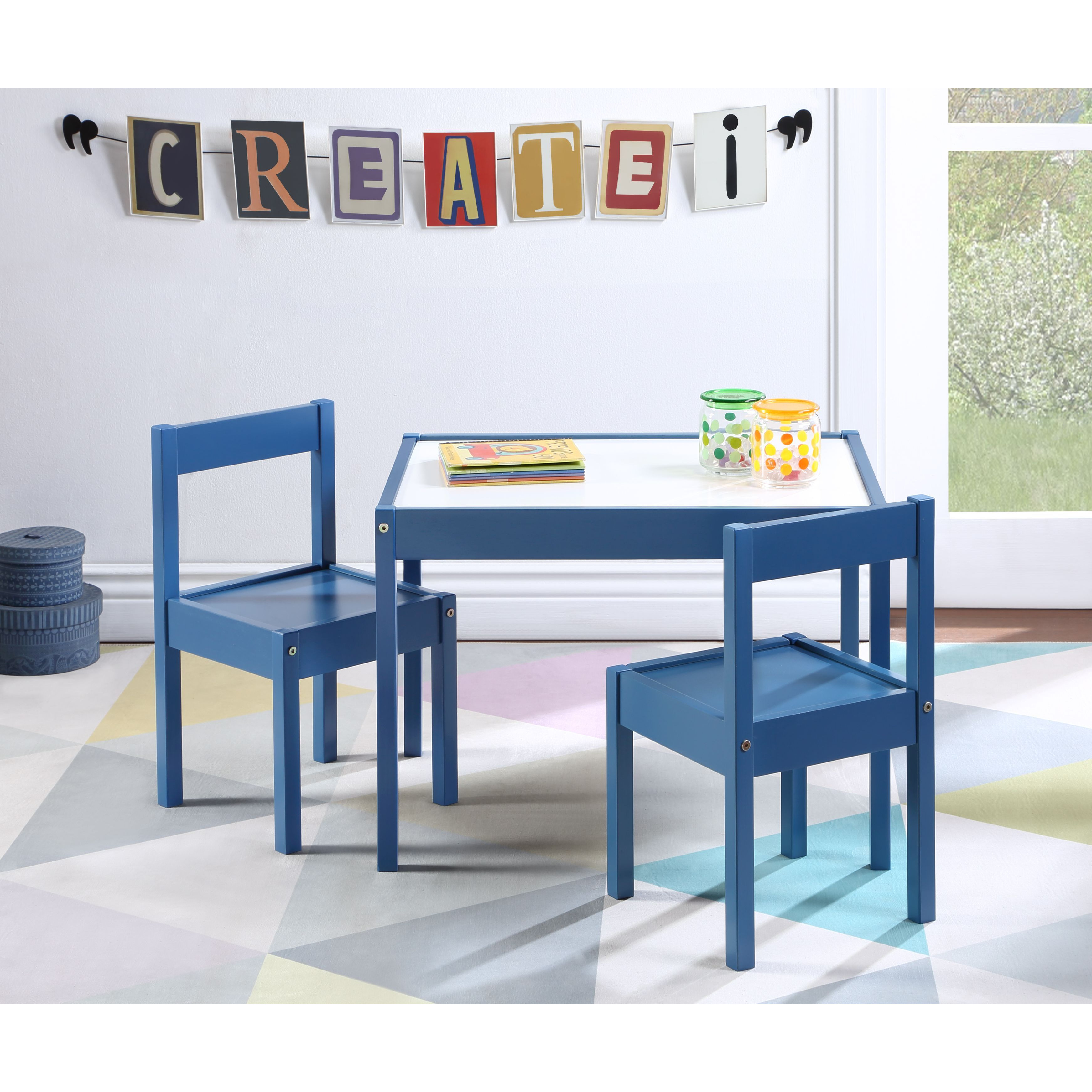 Gibson 3-Piece Dry Erase Kids Table & Two Chair Set  Dark Blue