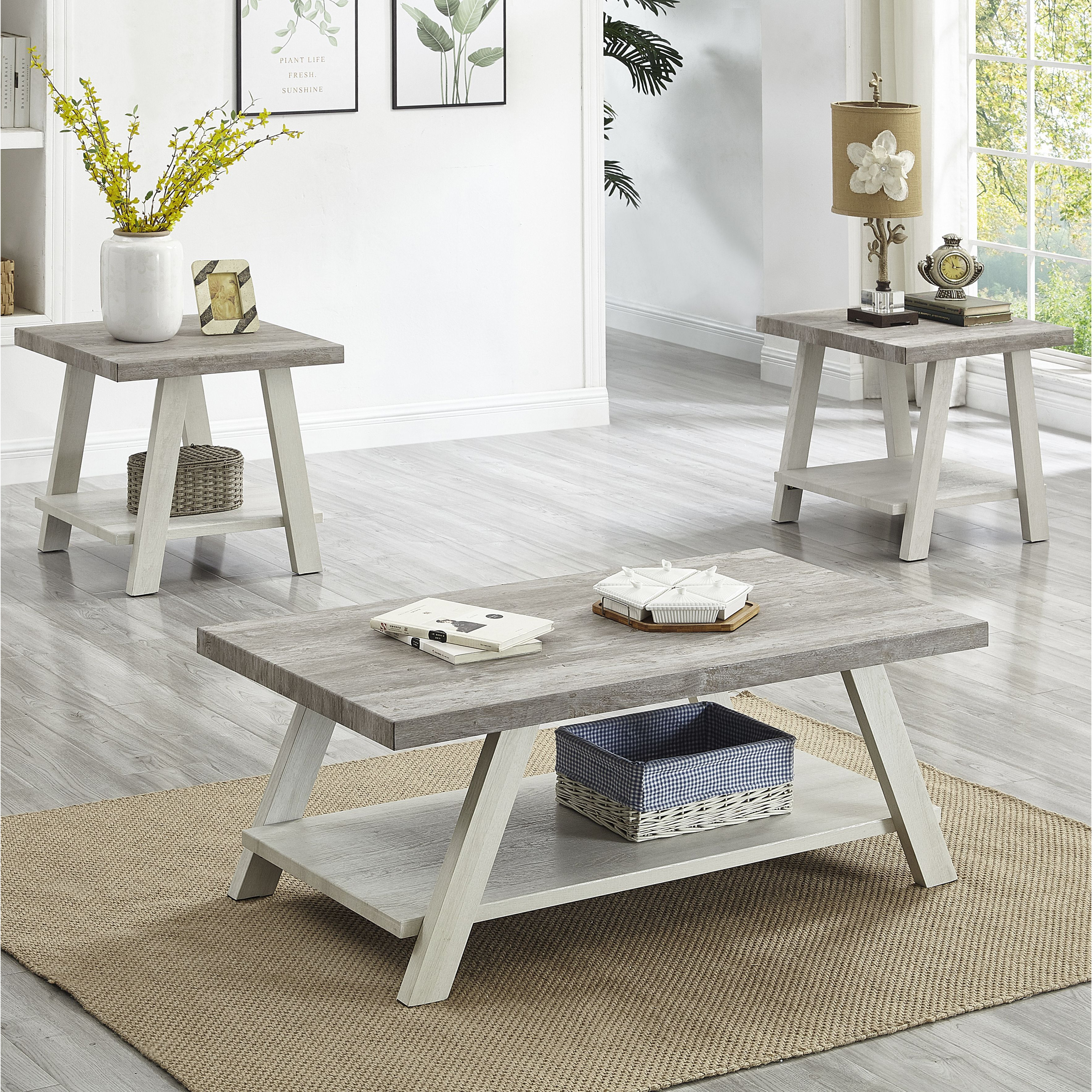 Athens Contemporary 3-Piece Wood Shelf Coffee Table Set In Weathered Gray And Beige