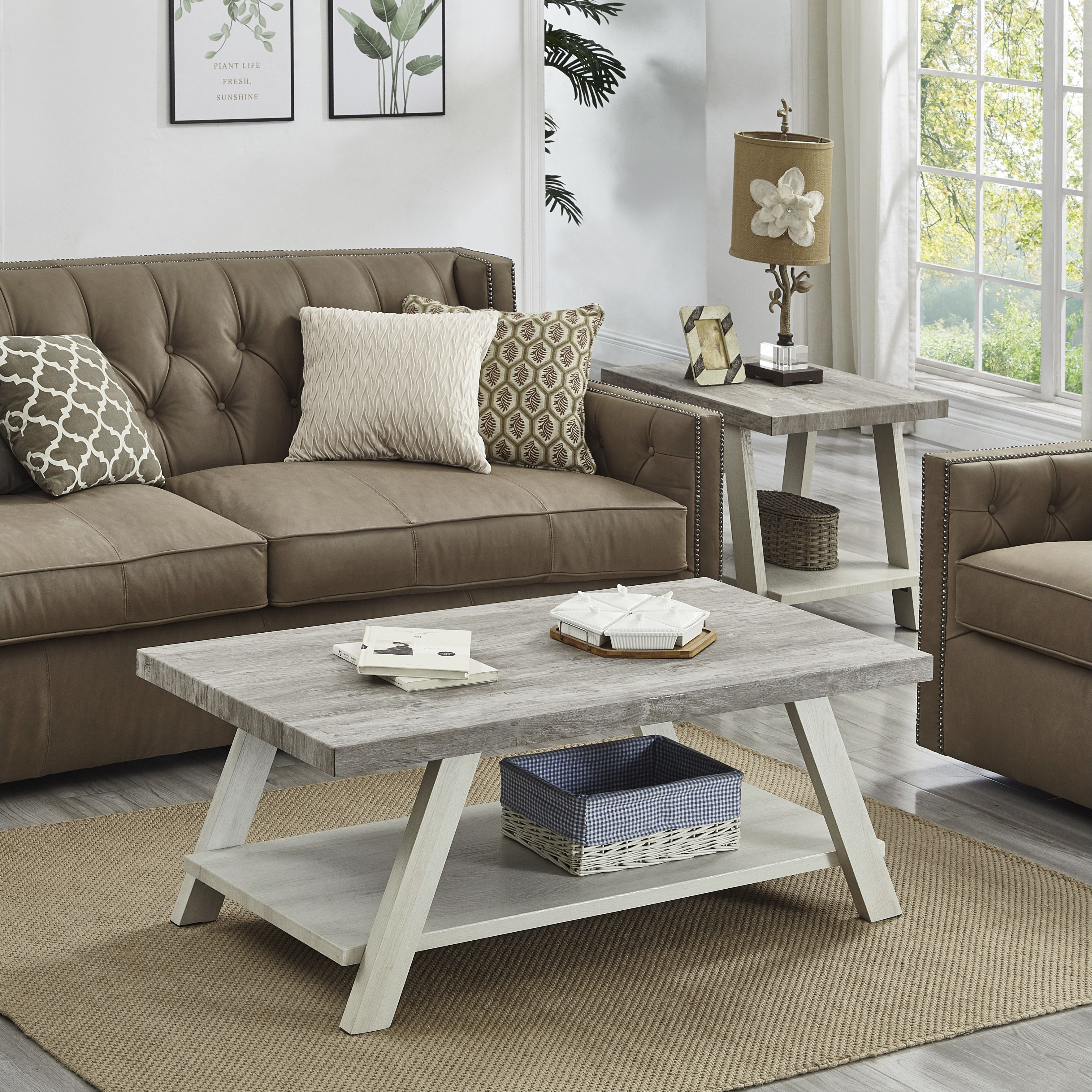 Athens Contemporary 3-Piece Wood Shelf Coffee Table Set In Weathered Gray And Beige