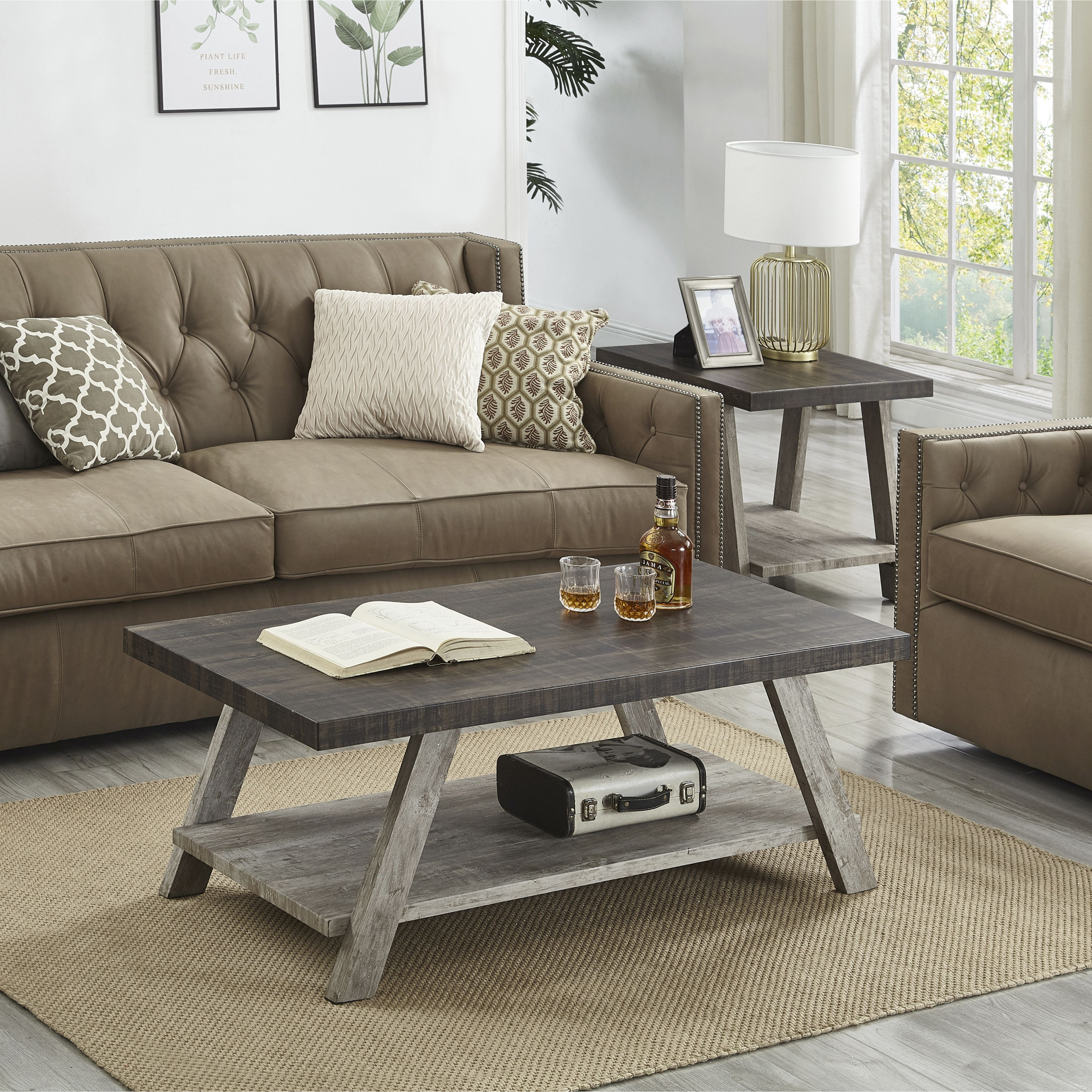 Athens Contemporary 3-Piece Wood Shelf Coffee Table Set In Weathered Walnut And Gray