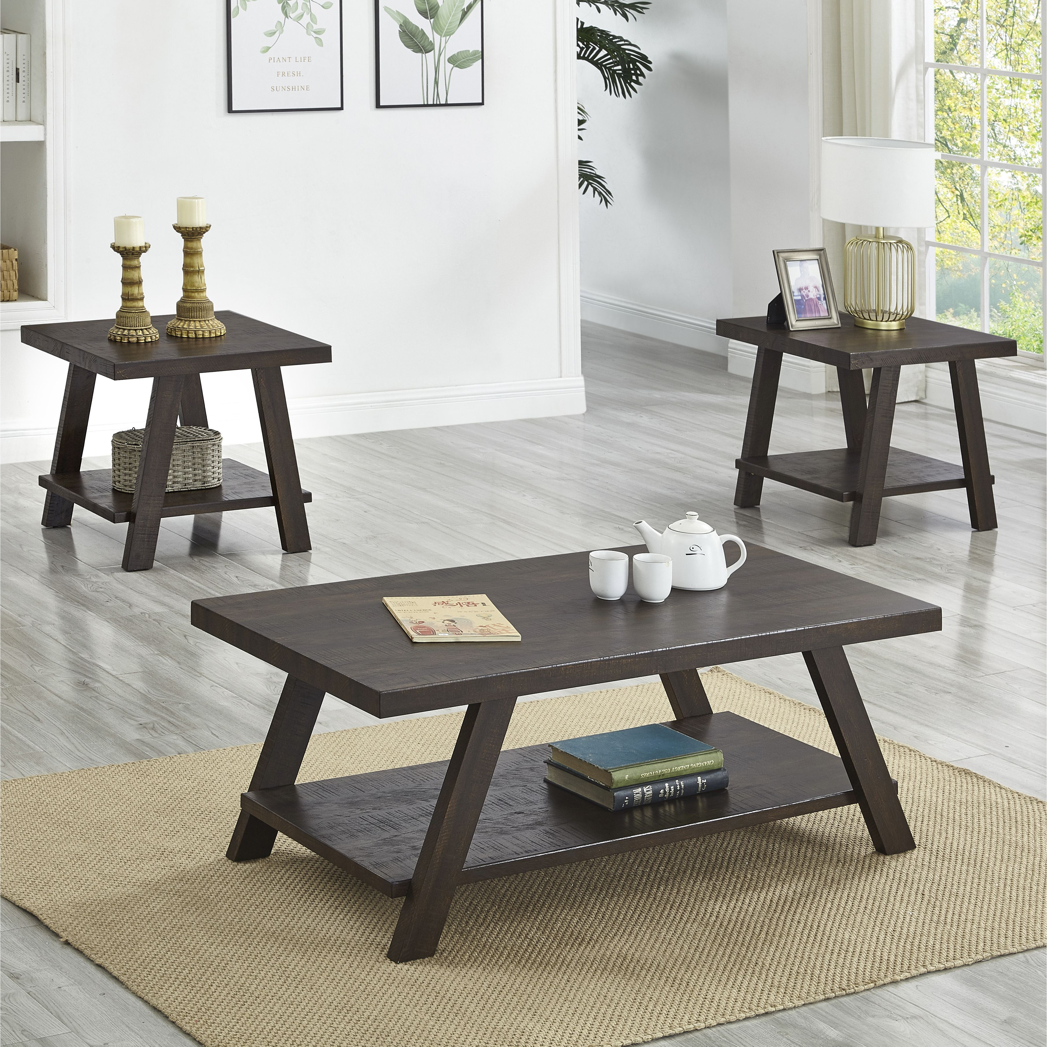 Athens Contemporary 3-Piece Wood Shelf Coffee Table Set In Weathered Espresso