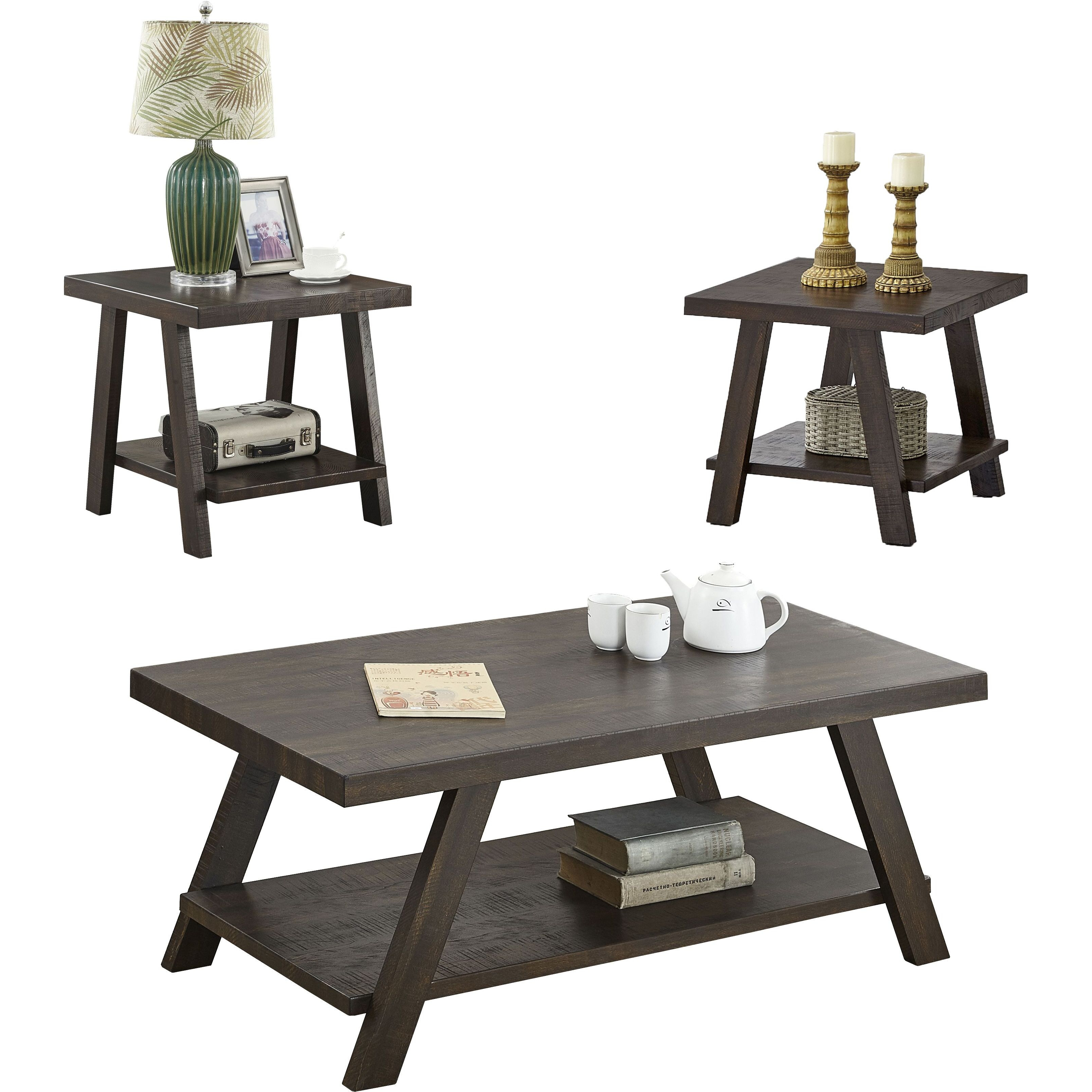 Athens Contemporary 3-Piece Wood Shelf Coffee Table Set In Weathered Espresso