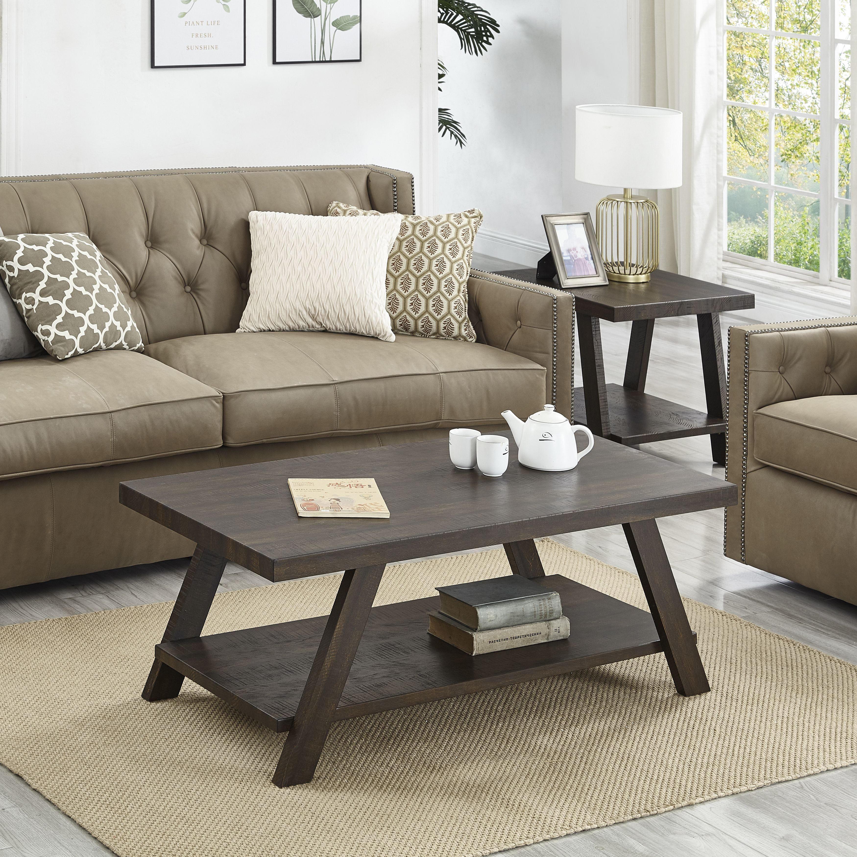 Athens Contemporary 3-Piece Wood Shelf Coffee Table Set In Weathered Espresso