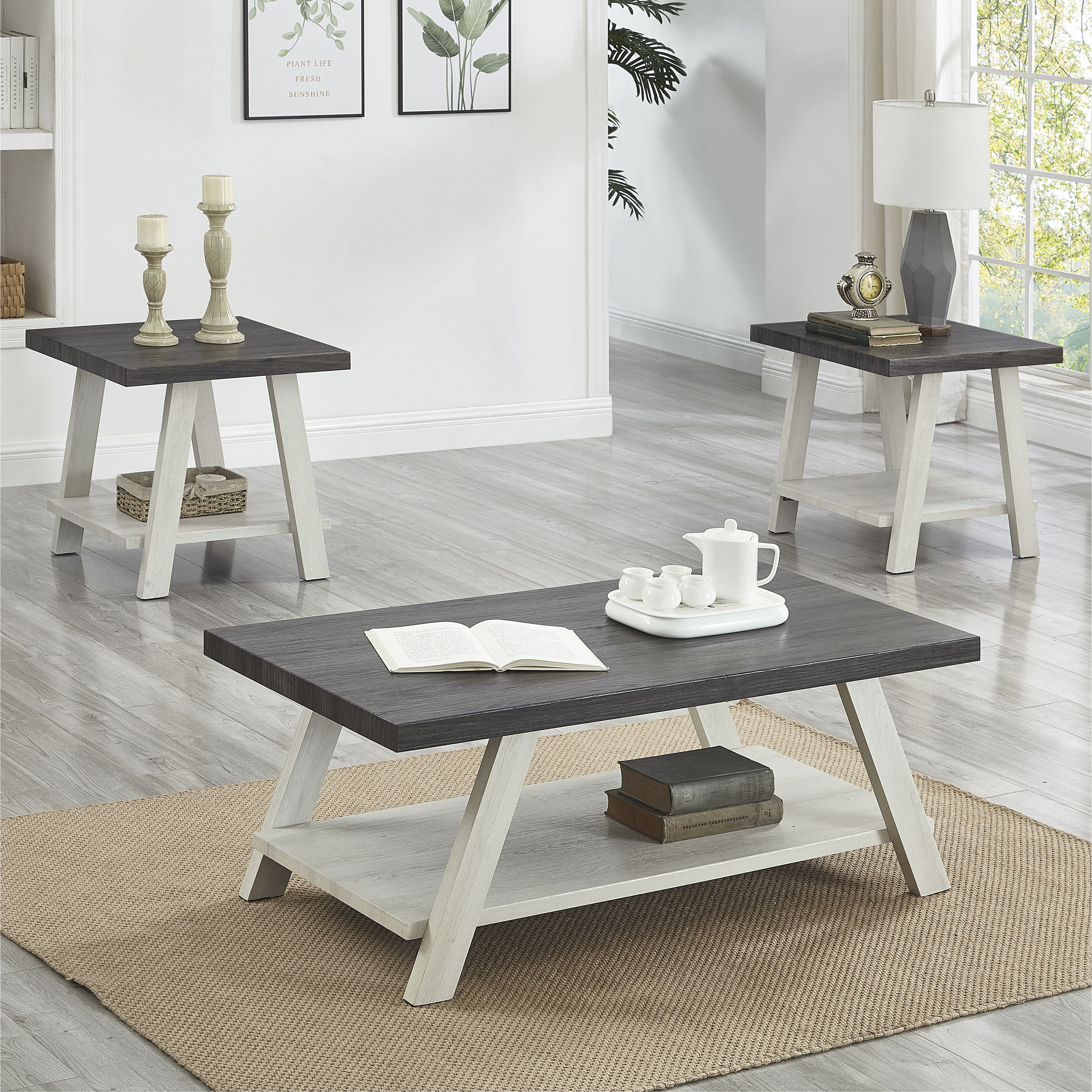 Athens Contemporary 3-Piece Wood Shelf Coffee Table Set In Weathered Charcoal And Beige