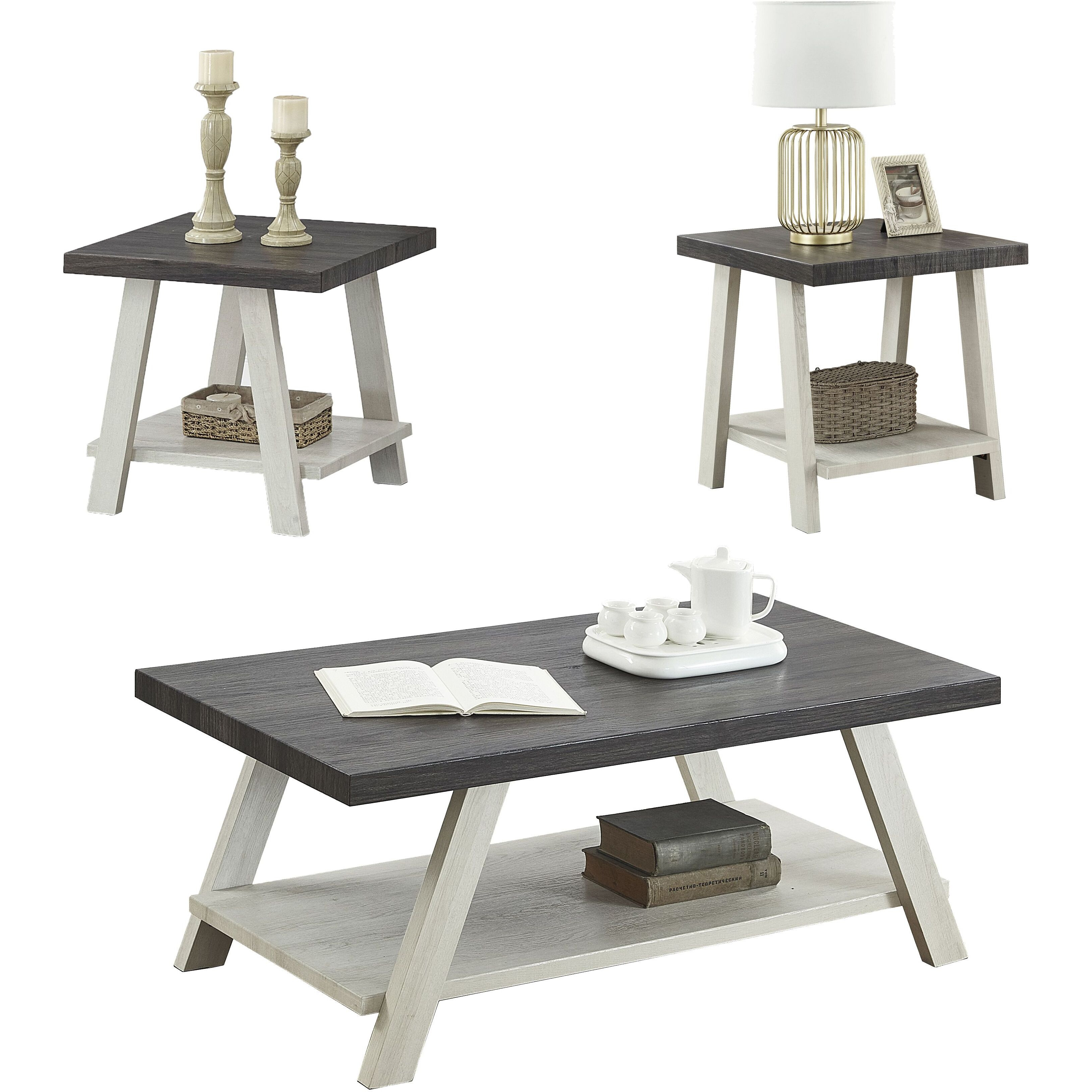 Athens Contemporary 3-Piece Wood Shelf Coffee Table Set In Weathered Charcoal And Beige