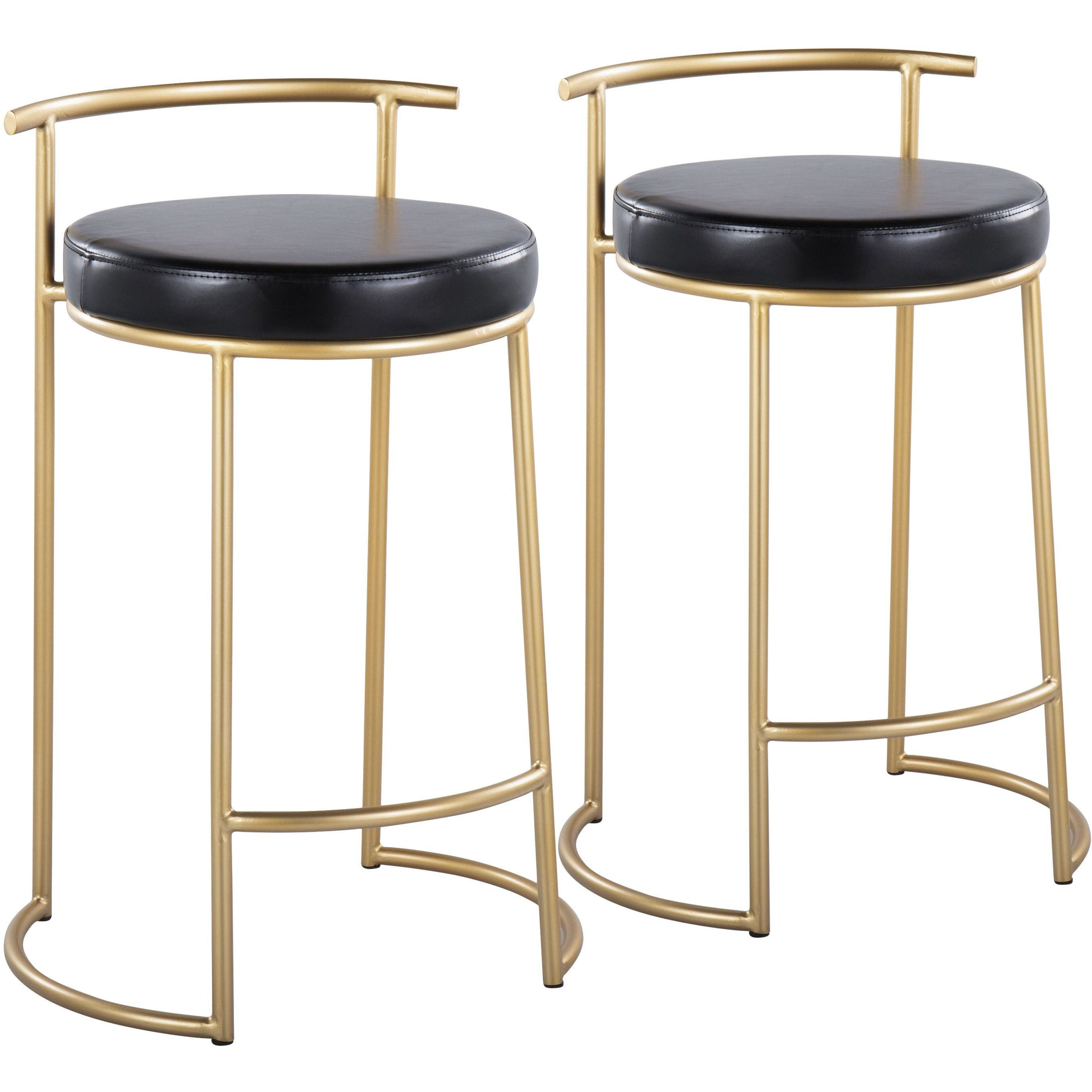 Round Fuji 26"" Contemporary Fixed-Height Counter Stool In Gold Metal And Black Faux Leather By Lumisource - Set Of 2