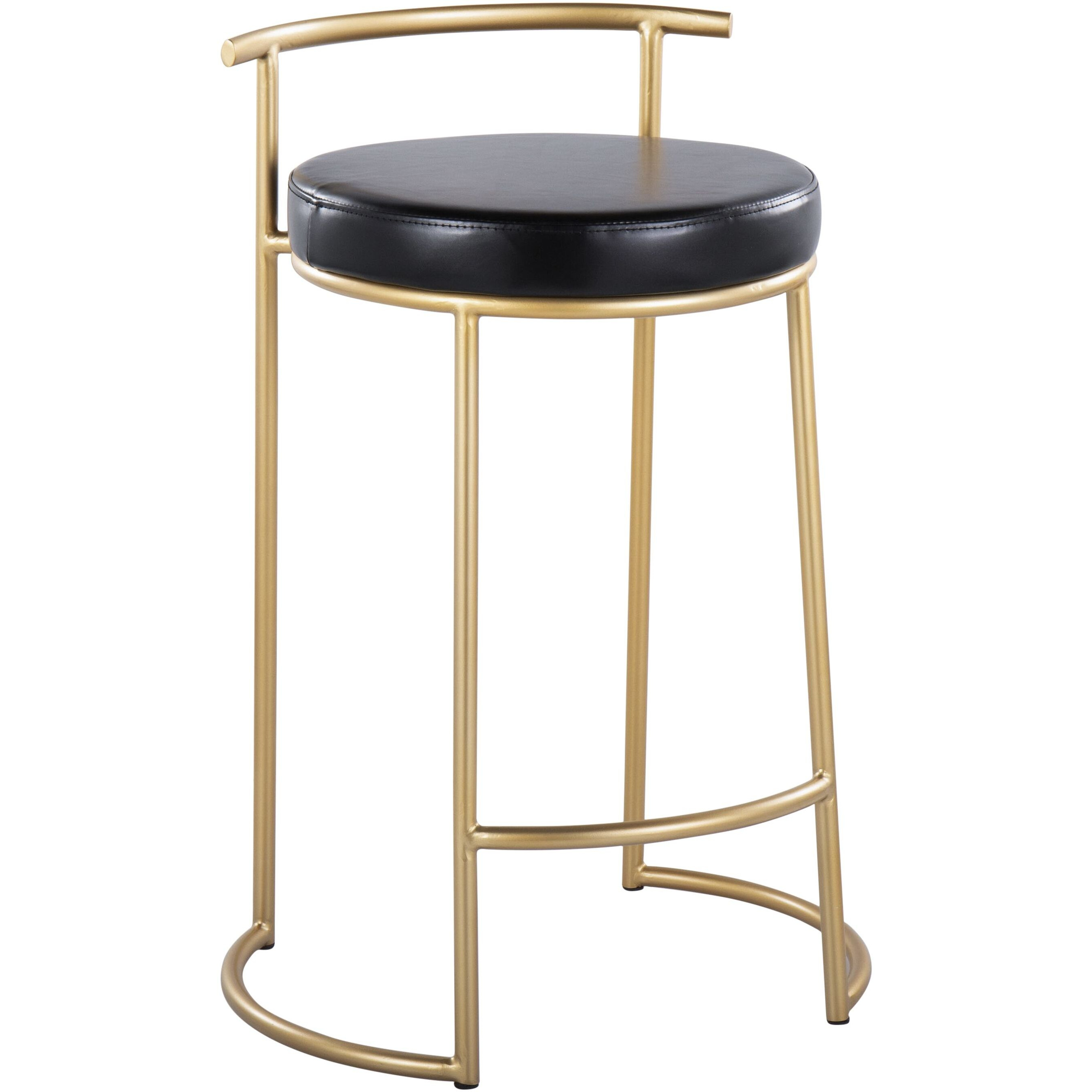 Round Fuji 26"" Contemporary Fixed-Height Counter Stool In Gold Metal And Black Faux Leather By Lumisource - Set Of 2