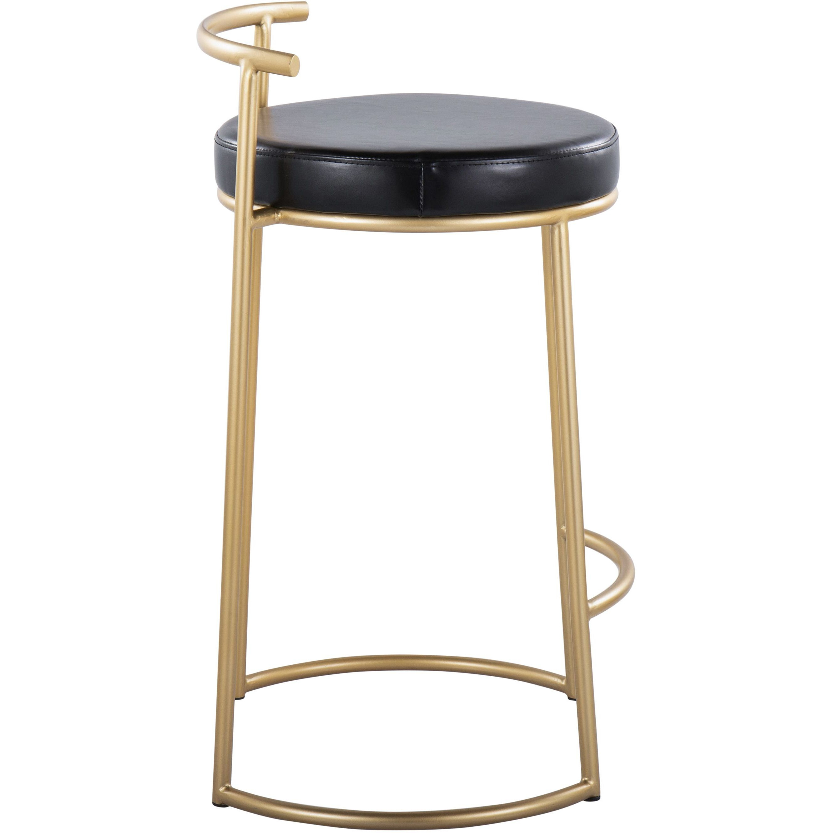 Round Fuji 26"" Contemporary Fixed-Height Counter Stool In Gold Metal And Black Faux Leather By Lumisource - Set Of 2