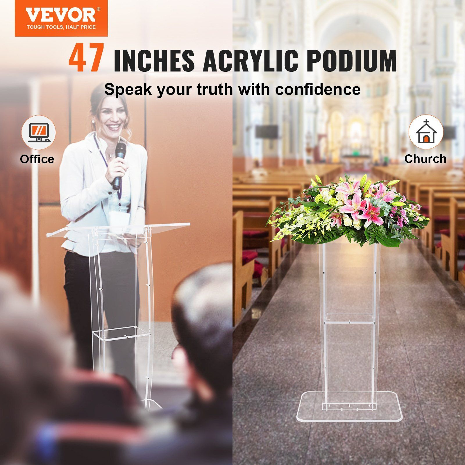 Vevor Acrylic Podium  47"" Clear Acrylic Podium Stand With Wide Reading Surface & Storage Shelf  Floor-Standing Clear Pulpits Acrylic For Church Office School