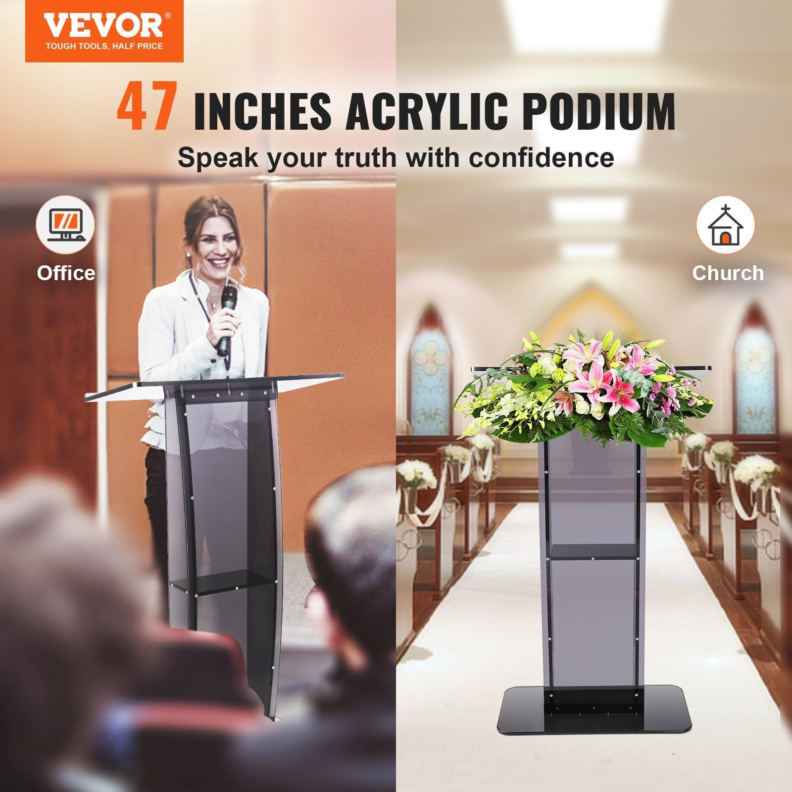 Vevor Acrylic Podium  47"" Acrylic Podium Stand With Wide Reading Surface & Storage Shelf  Floor-Standing Clear Pulpits Acrylic For Church Office School  Black